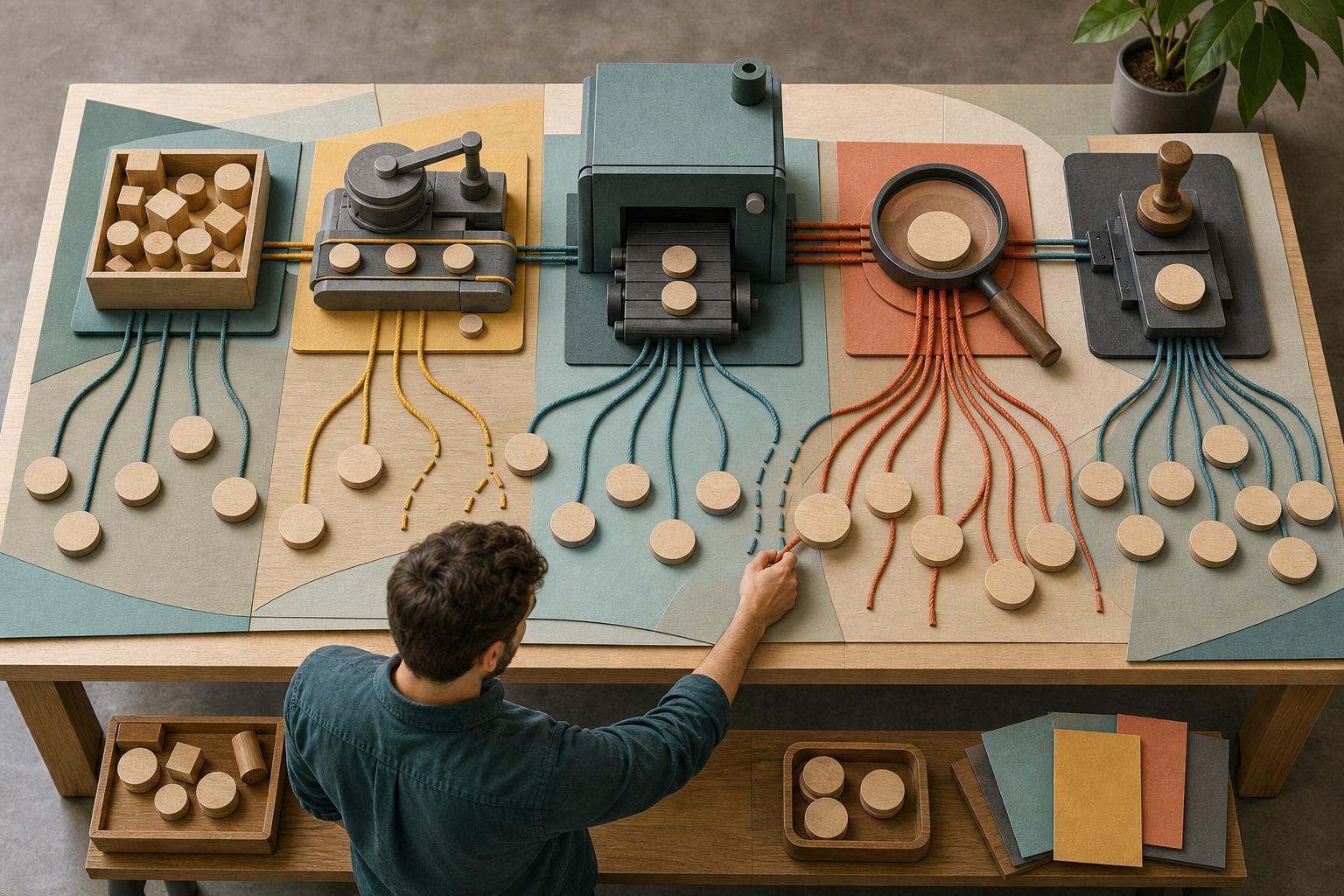 A worker uses colored cords and blank tokens to trace tasks through manual, automated, judgment, and quality-control stations on a workflow table.