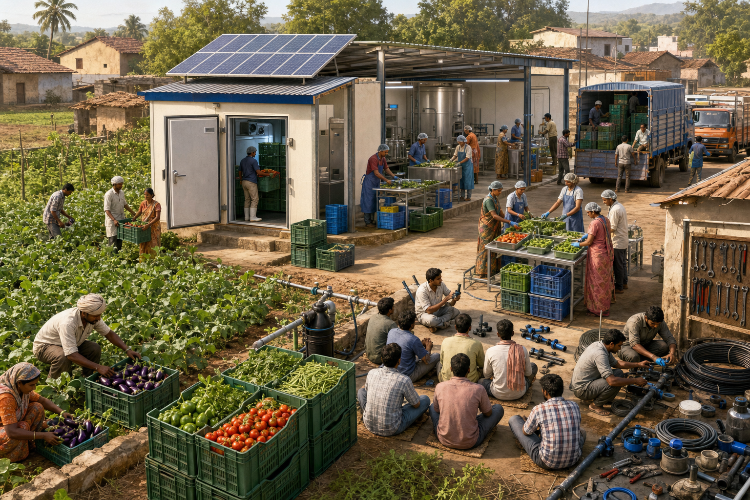 A rural Indian cooperative moves fresh produce from irrigated fields through inspection, processing, cold storage, and distribution facilities.