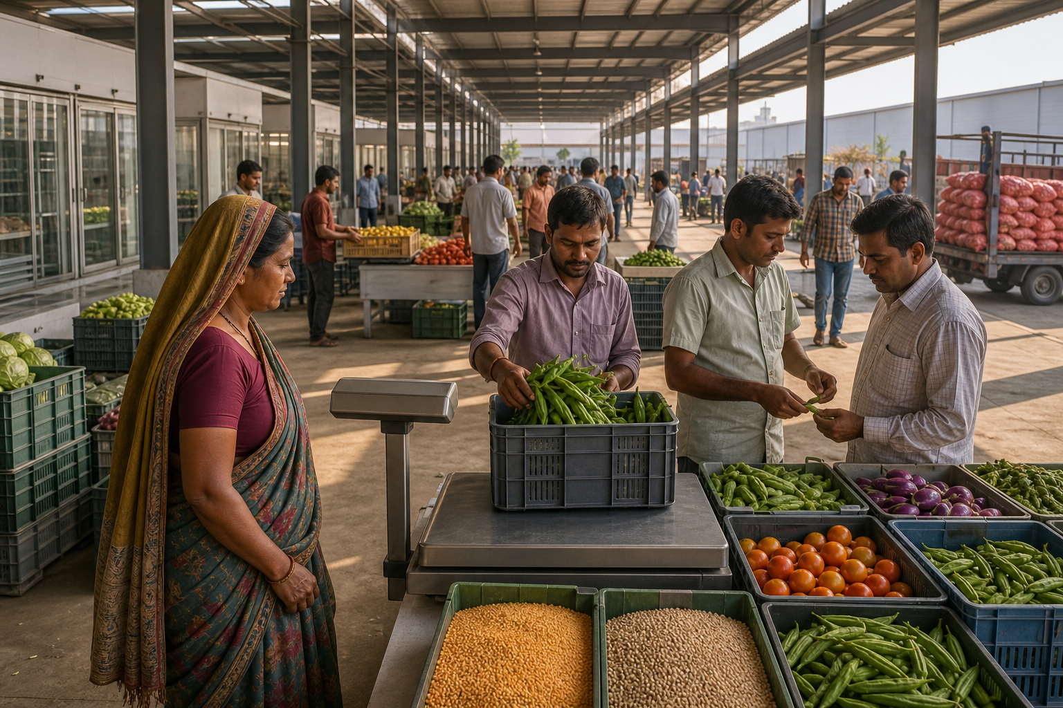 Farmers and buyers use weighing, grading, cold-storage, and loading facilities inside a clean modern Indian wholesale produce market.