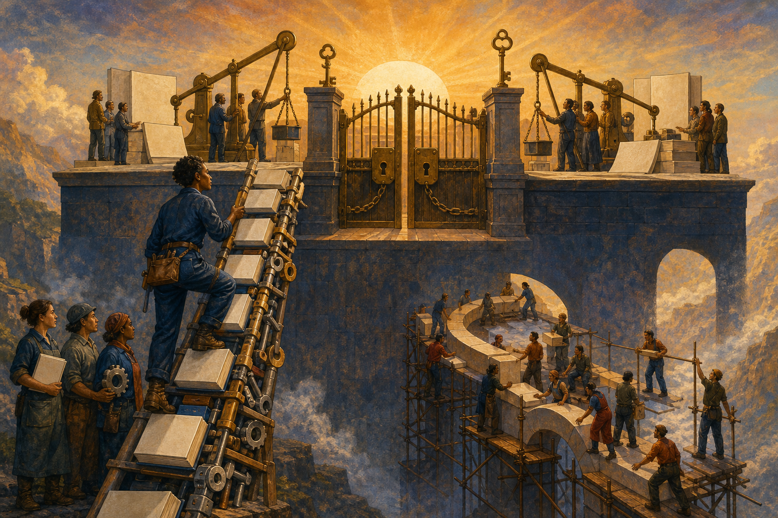 A worker climbs a ladder made of learning tools toward a platform blocked by institutional gates, while several workers build a shared bridge nearby.