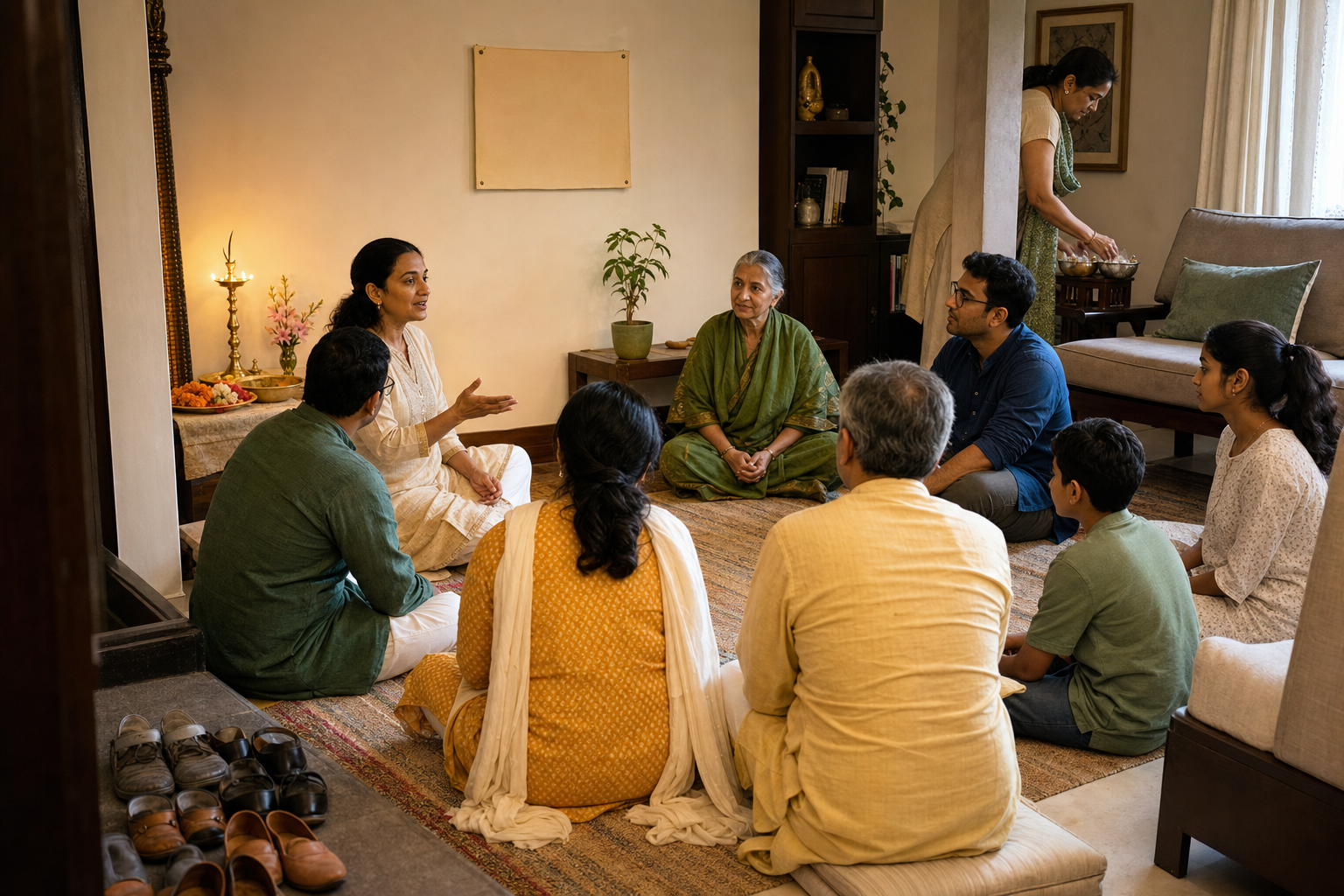 A multigenerational Hindu gathering prays, studies together, prepares meals for others, and organizes community service supplies.