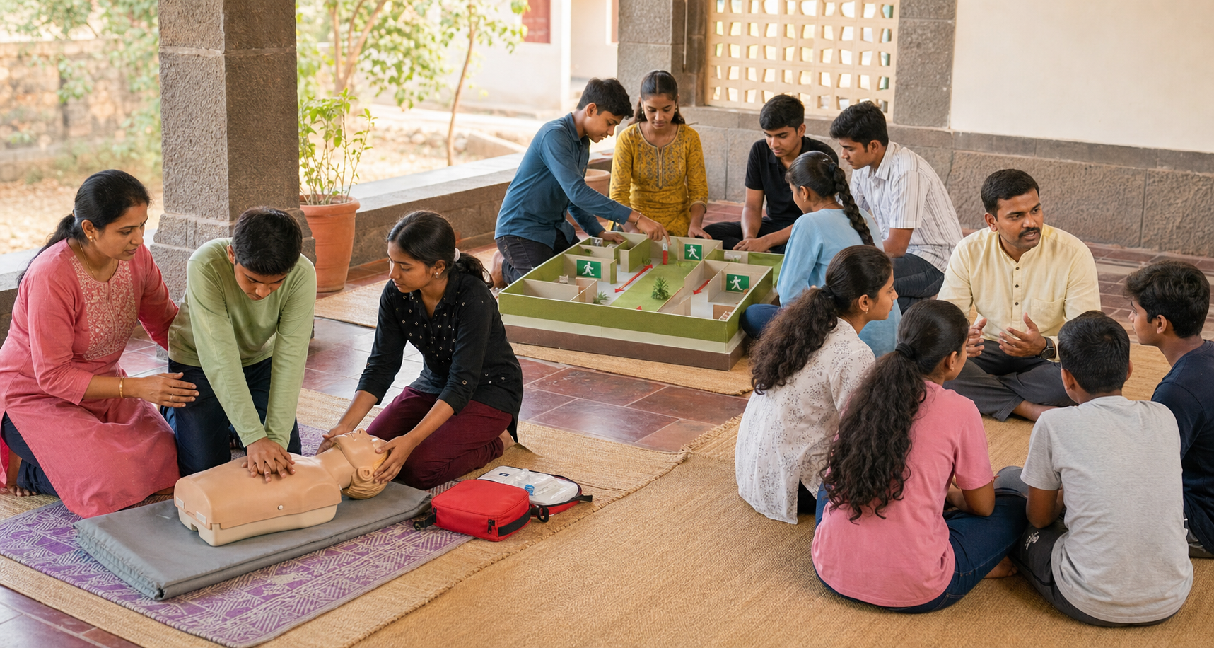 Teenagers take part in a supervised preparedness workshop with first-aid, evacuation and group-discussion activities in a Maharashtra community hall.