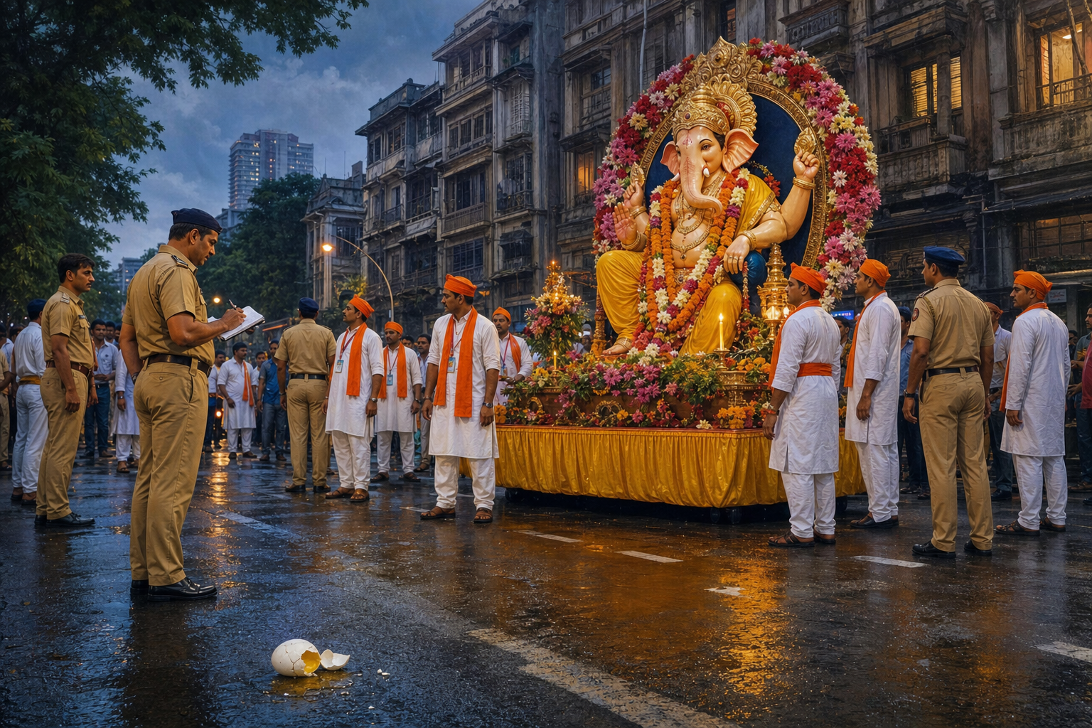 A Ganesh procession pauses on a Mumbai street as police document a cracked egg on the road and volunteers keep devotees orderly around the decorated murti.