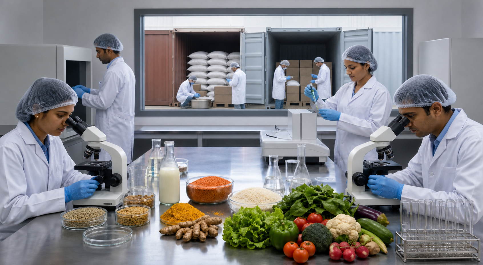 Indian laboratory technicians test samples of grain, milk, spices, and vegetables while inspectors collect food samples from generic cargo containers.