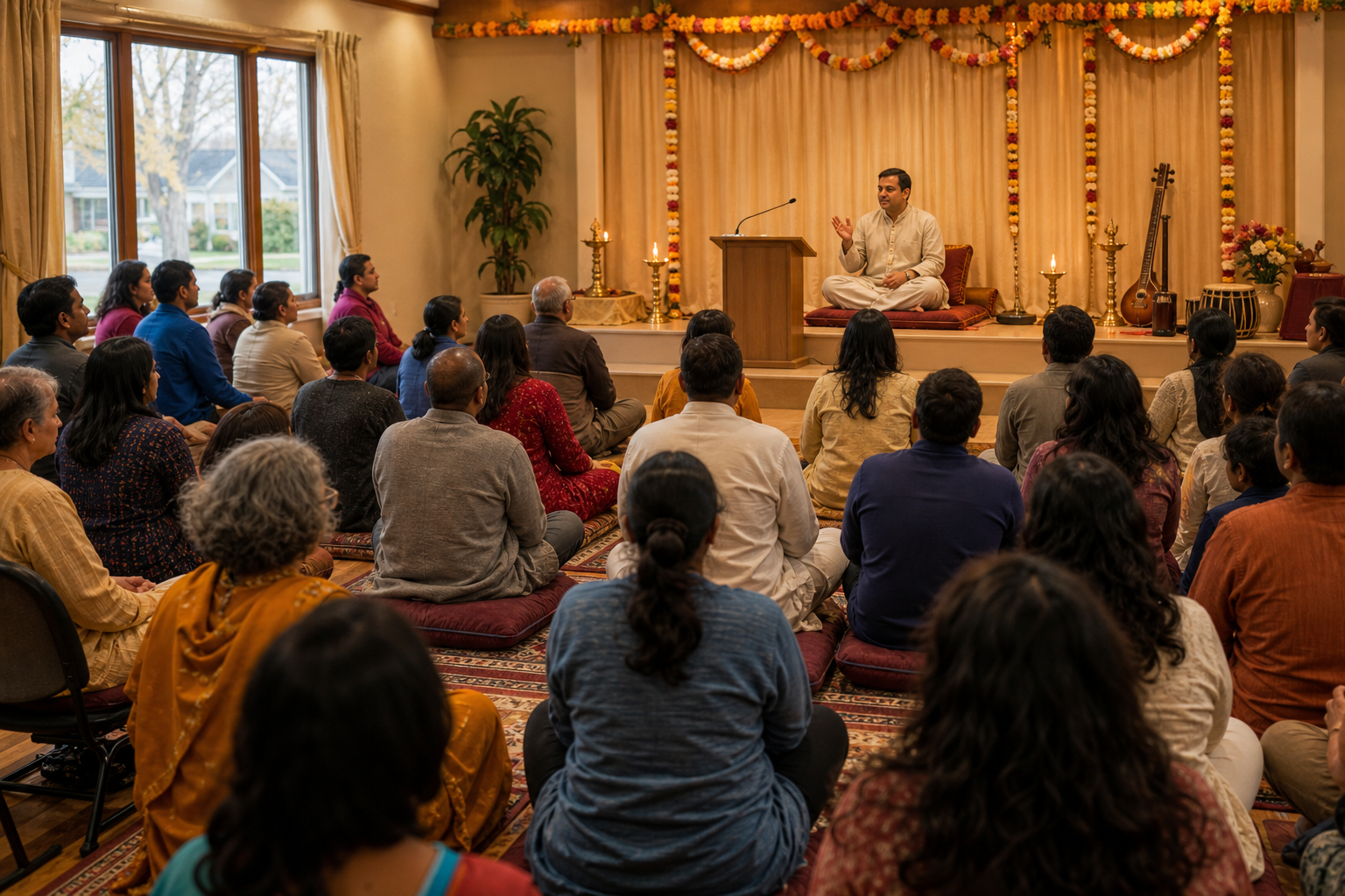 A devotional teacher addresses an attentive congregation seated in a warmly lit temple hall during a Sunday gathering.