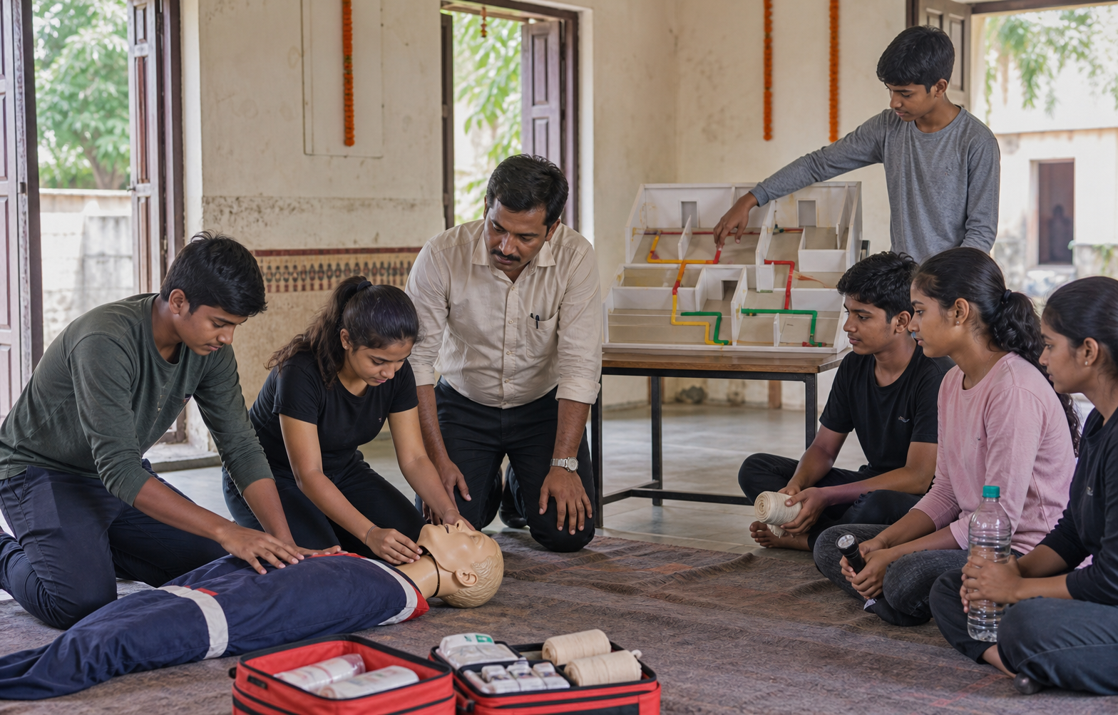 Teenagers demonstrate first-aid and evacuation skills under adult supervision during a community preparedness class.