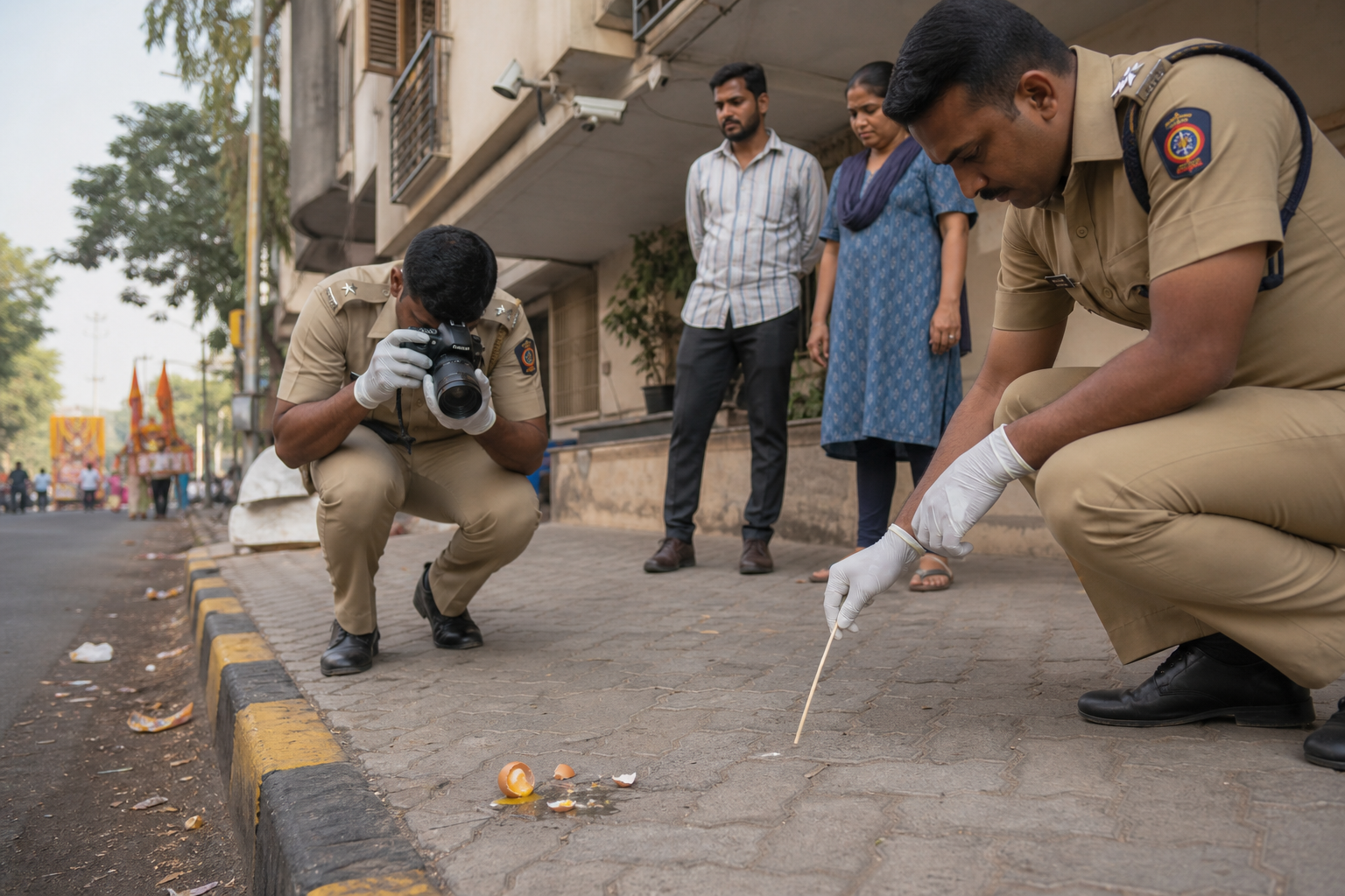 A gloved police officer photographs a cracked egg on a Mumbai street while another officer records the scene and witnesses wait nearby.