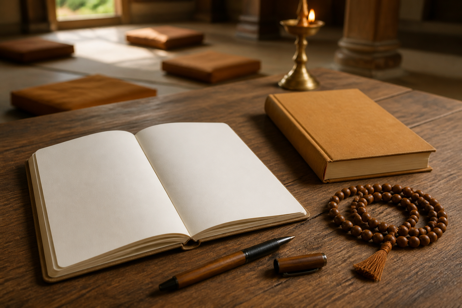 A blank open notebook, pen, wooden prayer beads, and an unmarked closed book rest on a table in a quiet temple hall.
