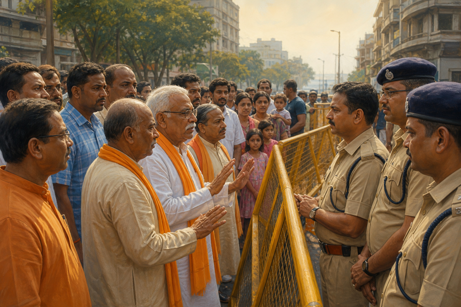 Devotees, community volunteers and police hold a calm, orderly gathering on a Mumbai street without confrontation.