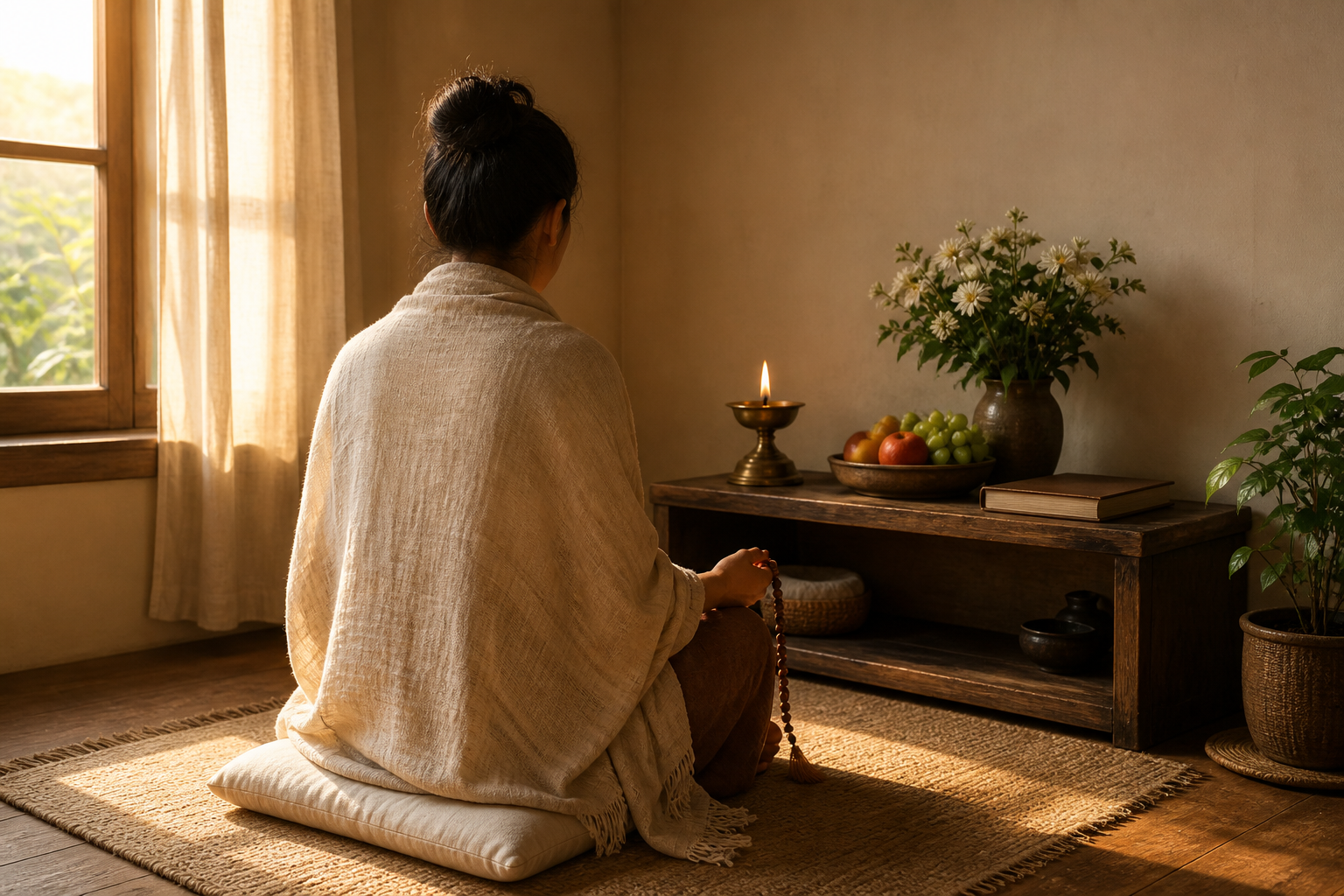 A person seen from behind practices meditation with wooden beads in a sunlit home prayer corner beside flowers, fruit, a brass lamp, and an unmarked book.