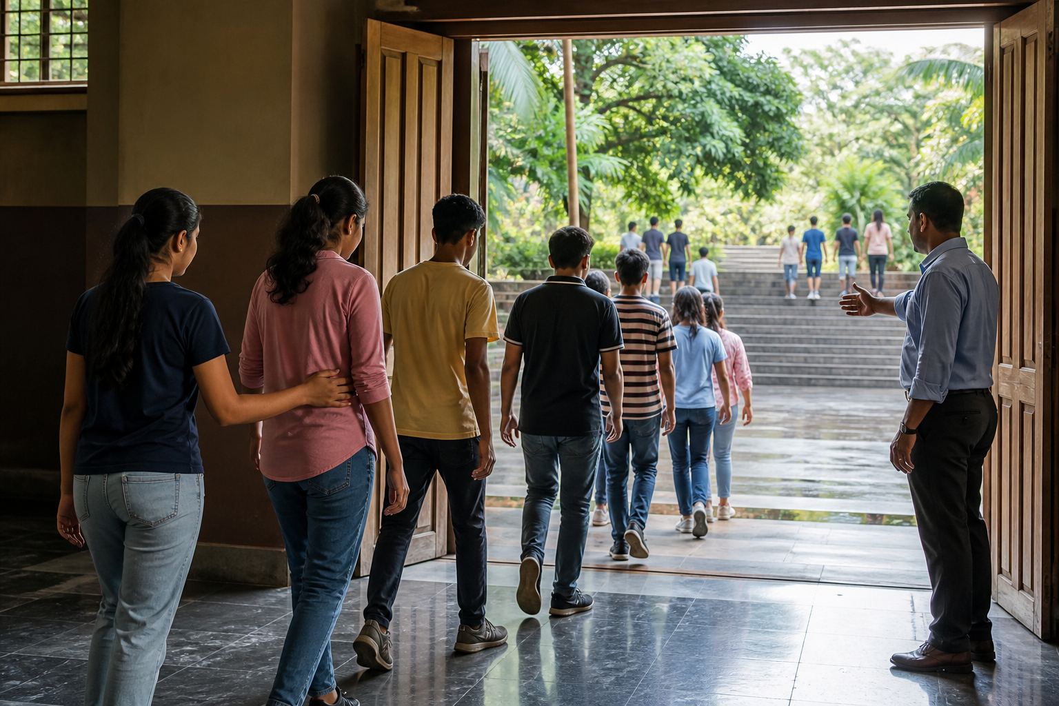 An adult instructor guides teenagers through an orderly emergency-exit drill from a hall into a shaded Maharashtra courtyard.