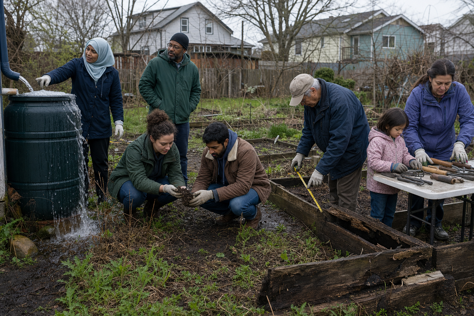 Neighbors inspect soil, a damaged garden bed, tools, and a rain barrel at the start of a shared restoration project.