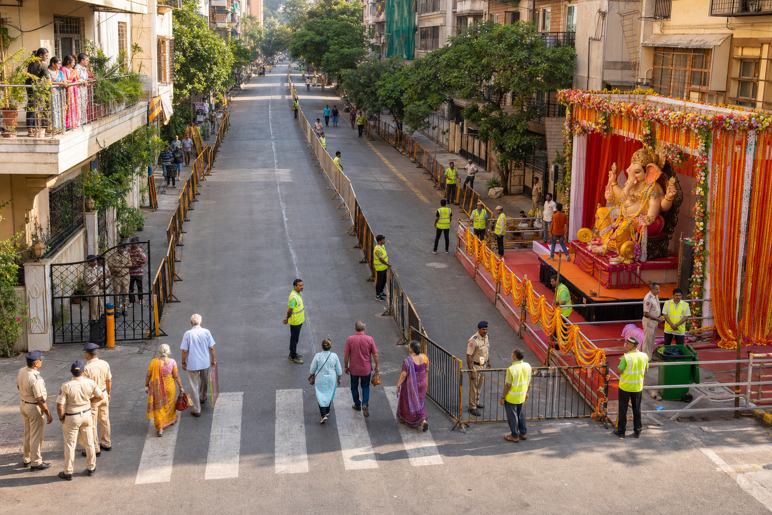 Volunteer marshals and police prepare a protected Mumbai street route for a Ganesh procession while leaving clear space for families and emergency access.