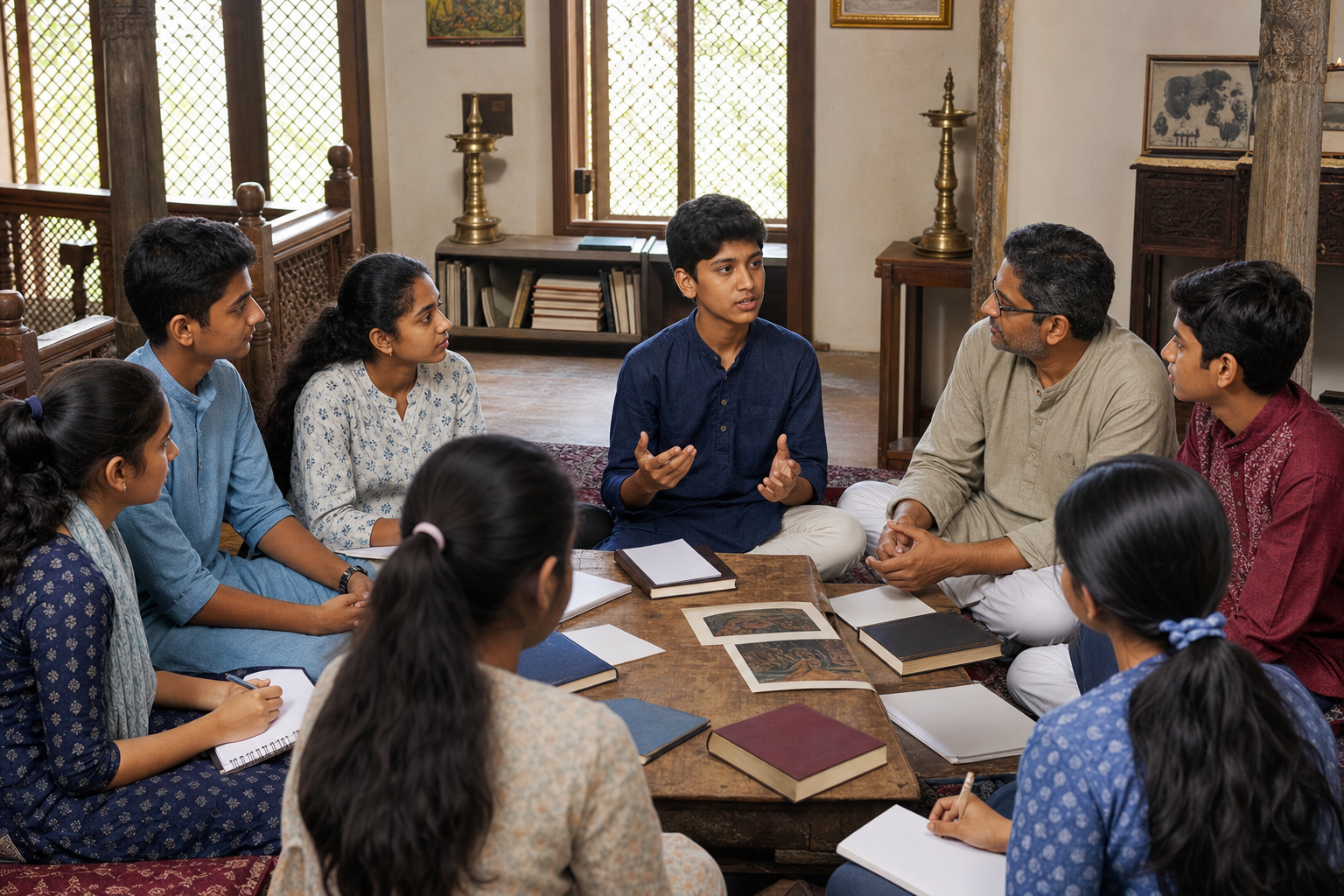 Teenagers sit in a supervised discussion circle with books and source materials in a Maharashtra community learning room.