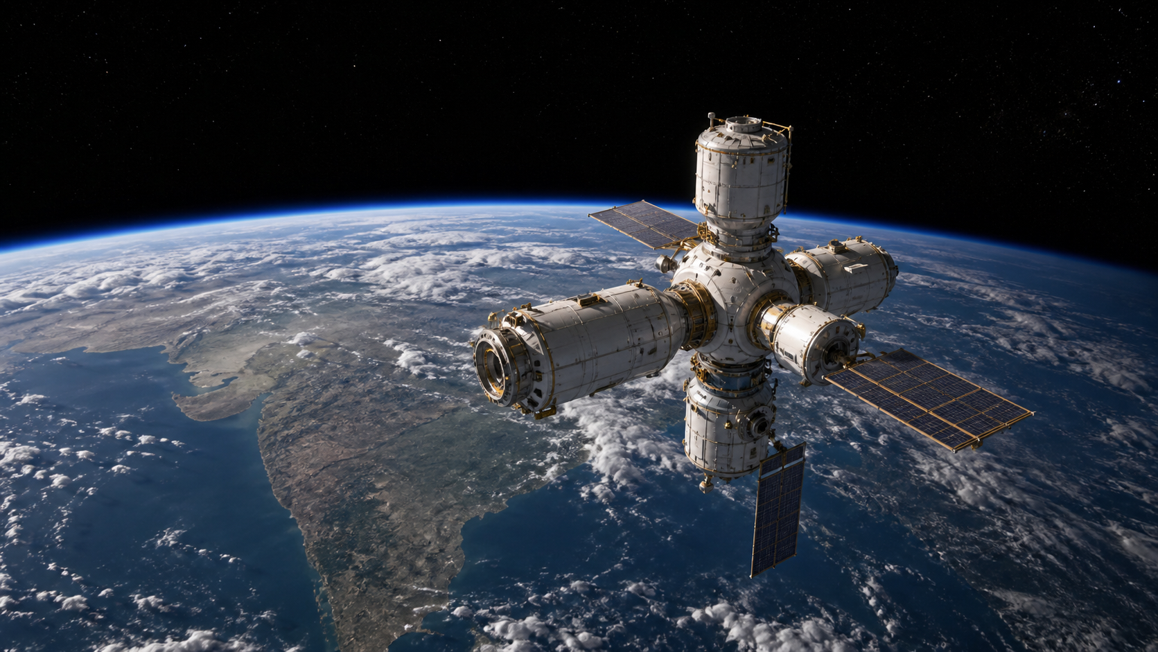 Conceptual modular space station with solar arrays orbiting above the Indian subcontinent at dawn.
