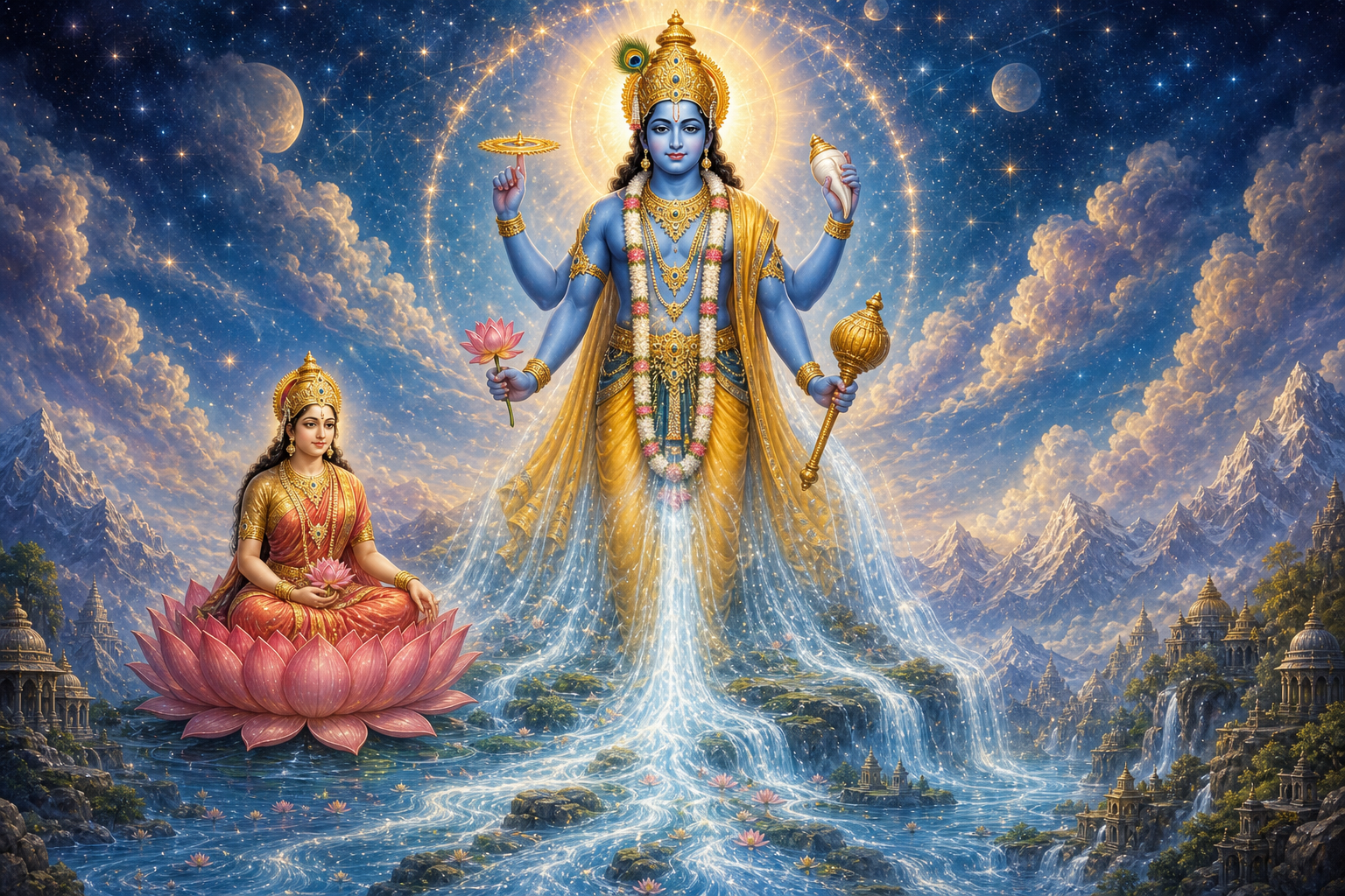 Vishnu stands in a celestial setting as luminous water flows from his divine form and becomes the river Ganga below.