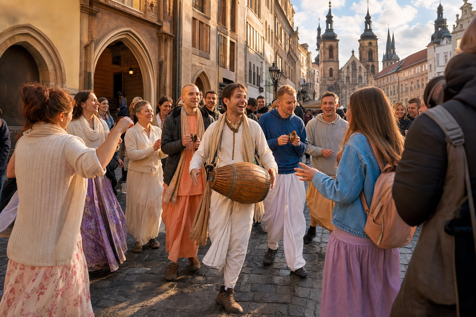 Ukrainian and Czech devotees chant, play drums and cymbals, and dance with passersby on a historic street in Prague.
