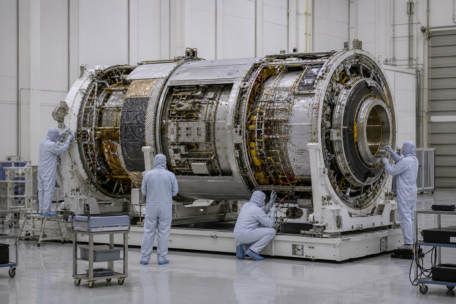 Engineers inspect a cylindrical orbital module and its exposed systems inside a cleanroom.