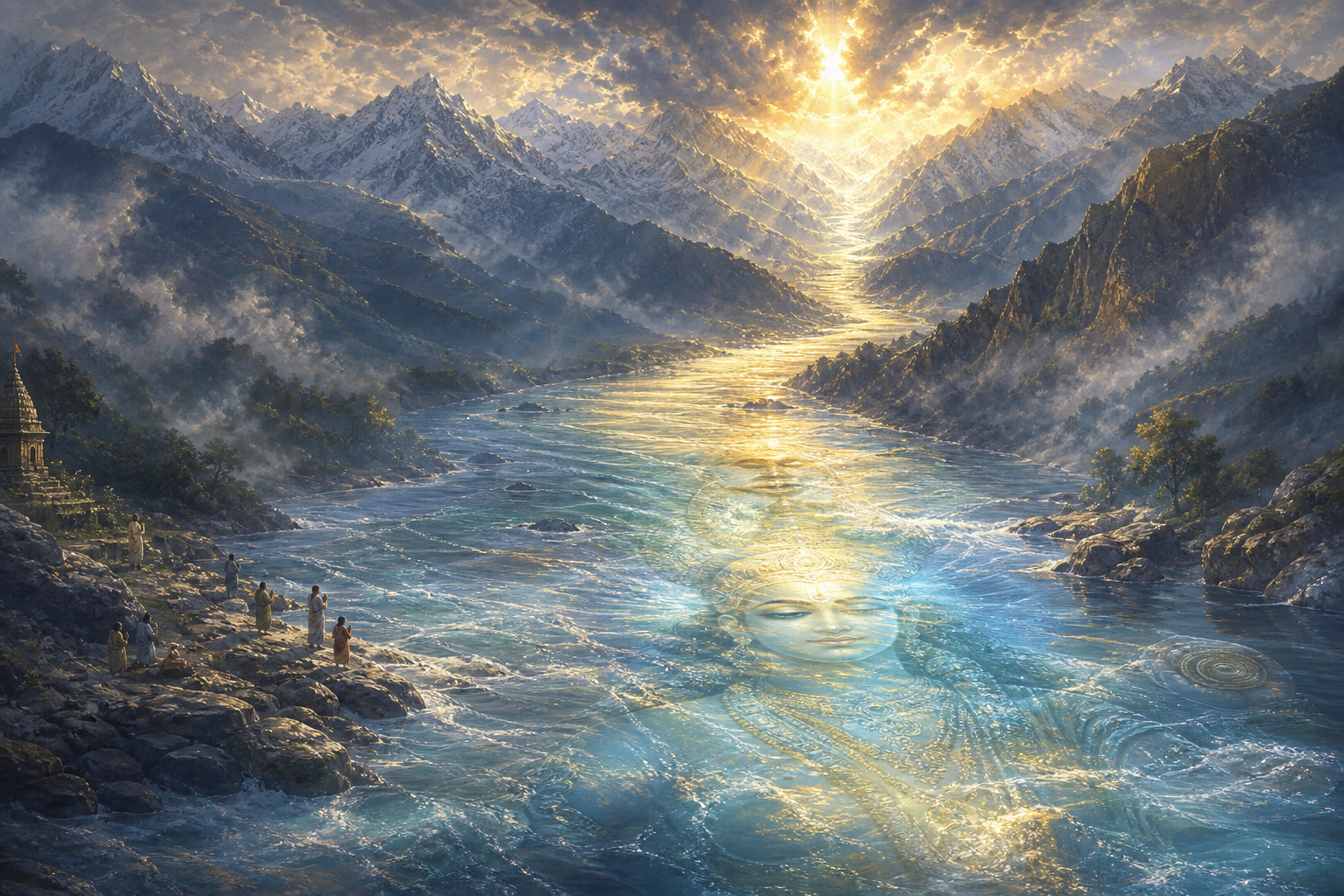 A luminous Ganga flows through a Himalayan valley with Vishnu's translucent presence visible within the water as pilgrims pray on the bank.