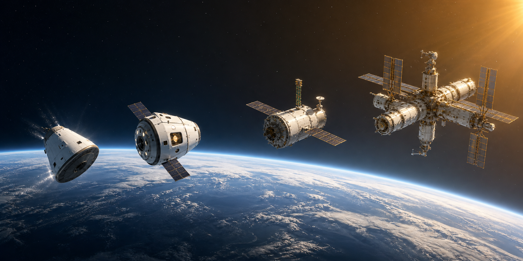 Four orbital scenes show a capsule test, a crewed flight, a single module, and a small assembled station.