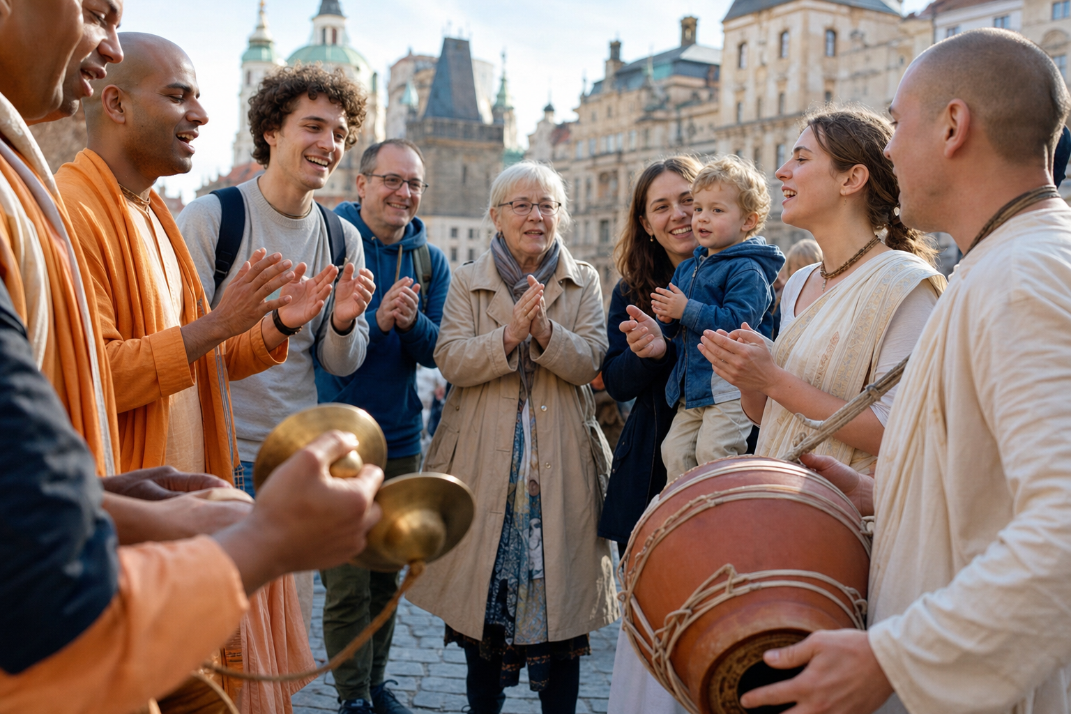 Devotees and passersby form a circle in Prague while singing, clapping, and playing a mridanga drum and hand cymbals.