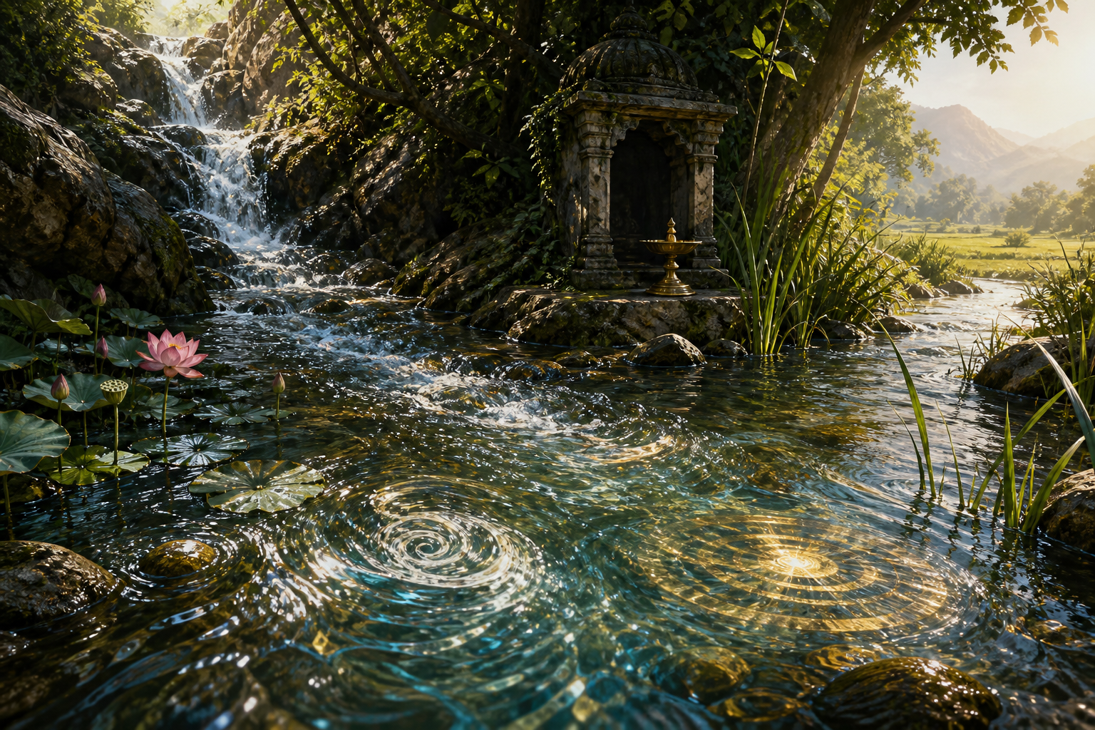 Clear river water flows from a rocky spring past lotus flowers and a small shrine, with conch-like and circular reflections in the ripples.