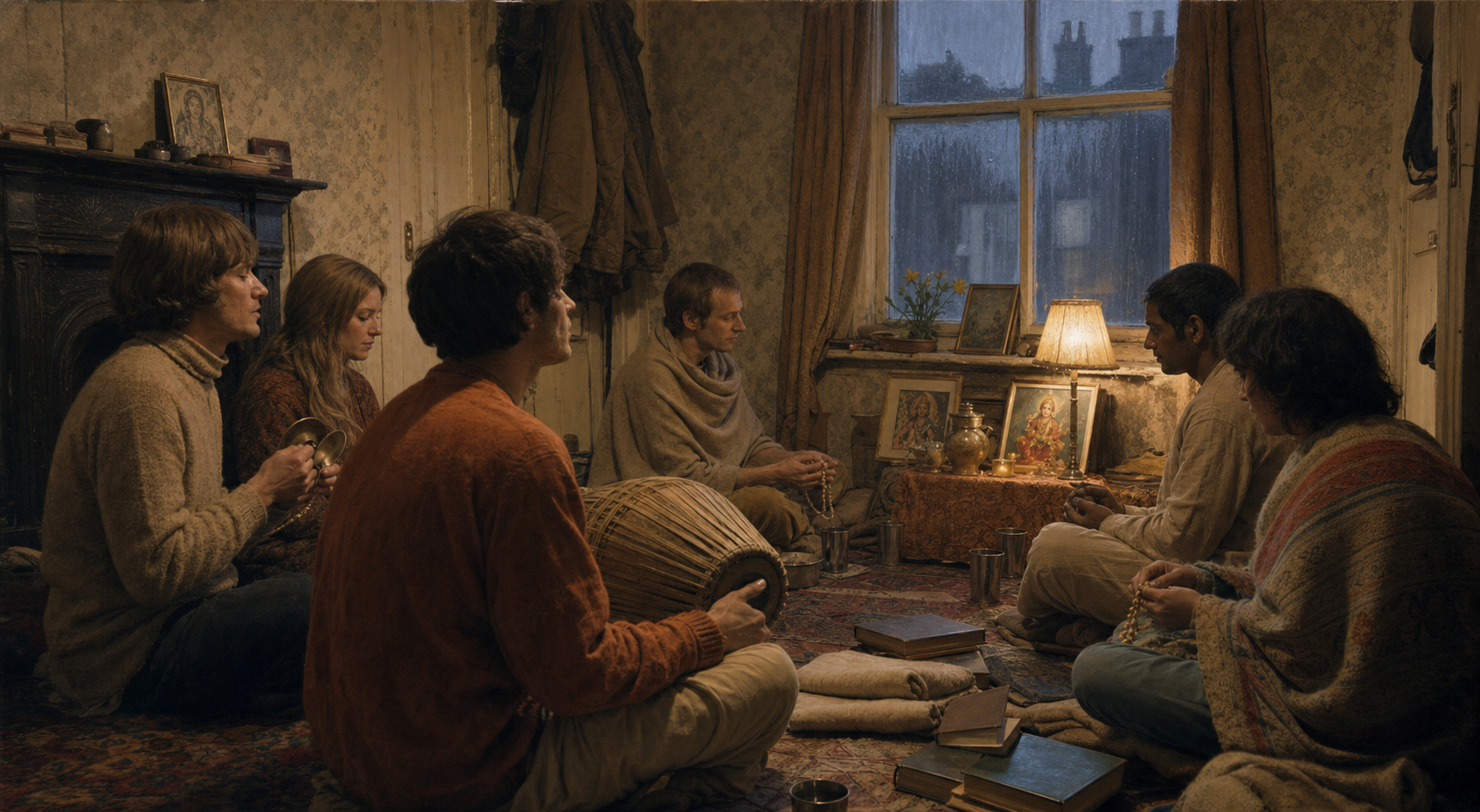 Members of a small devotional community cook, wash dishes and welcome a visitor inside a modest late-1960s London flat.