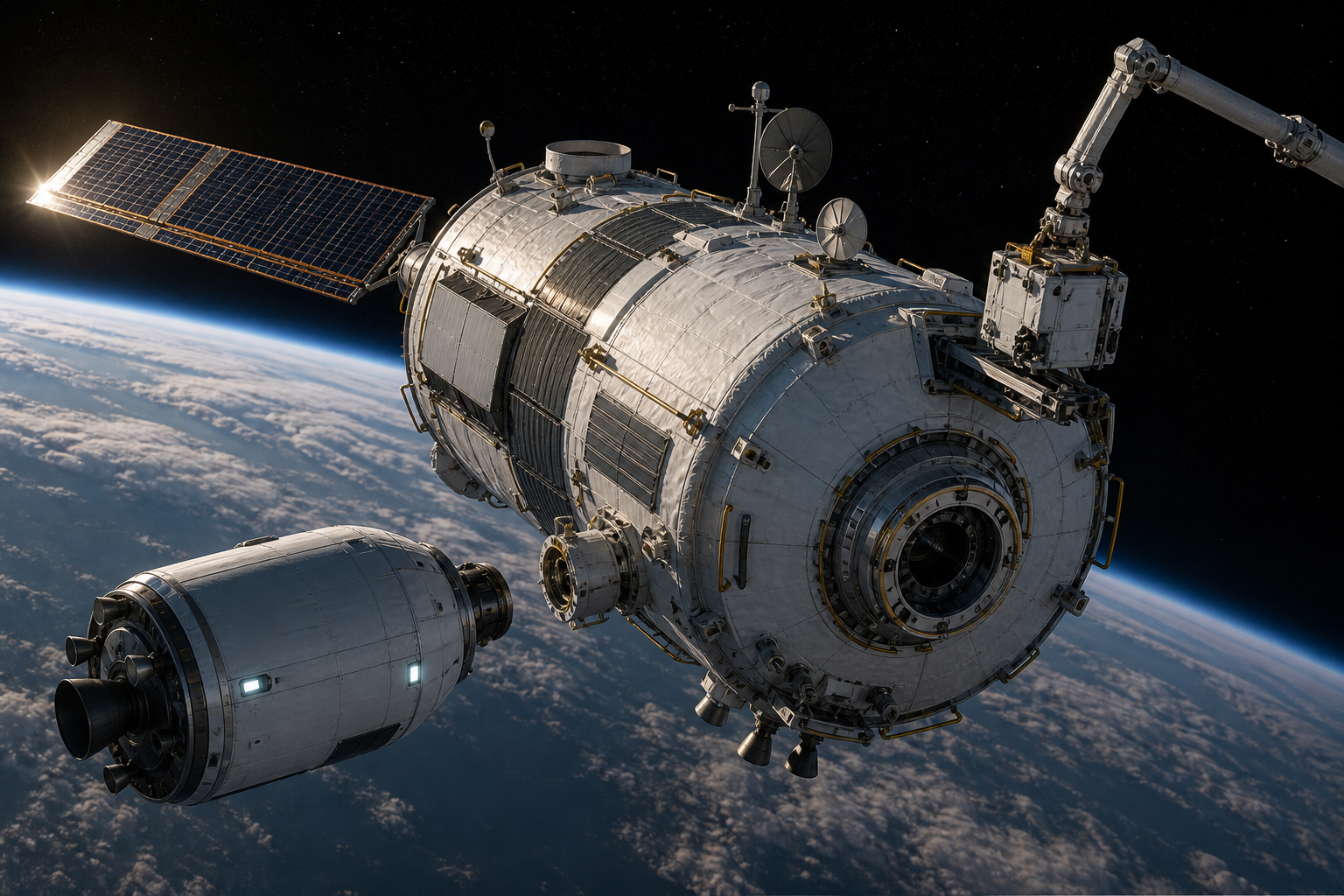 A compact orbital module receives an approaching service vehicle while a robotic arm handles external equipment.