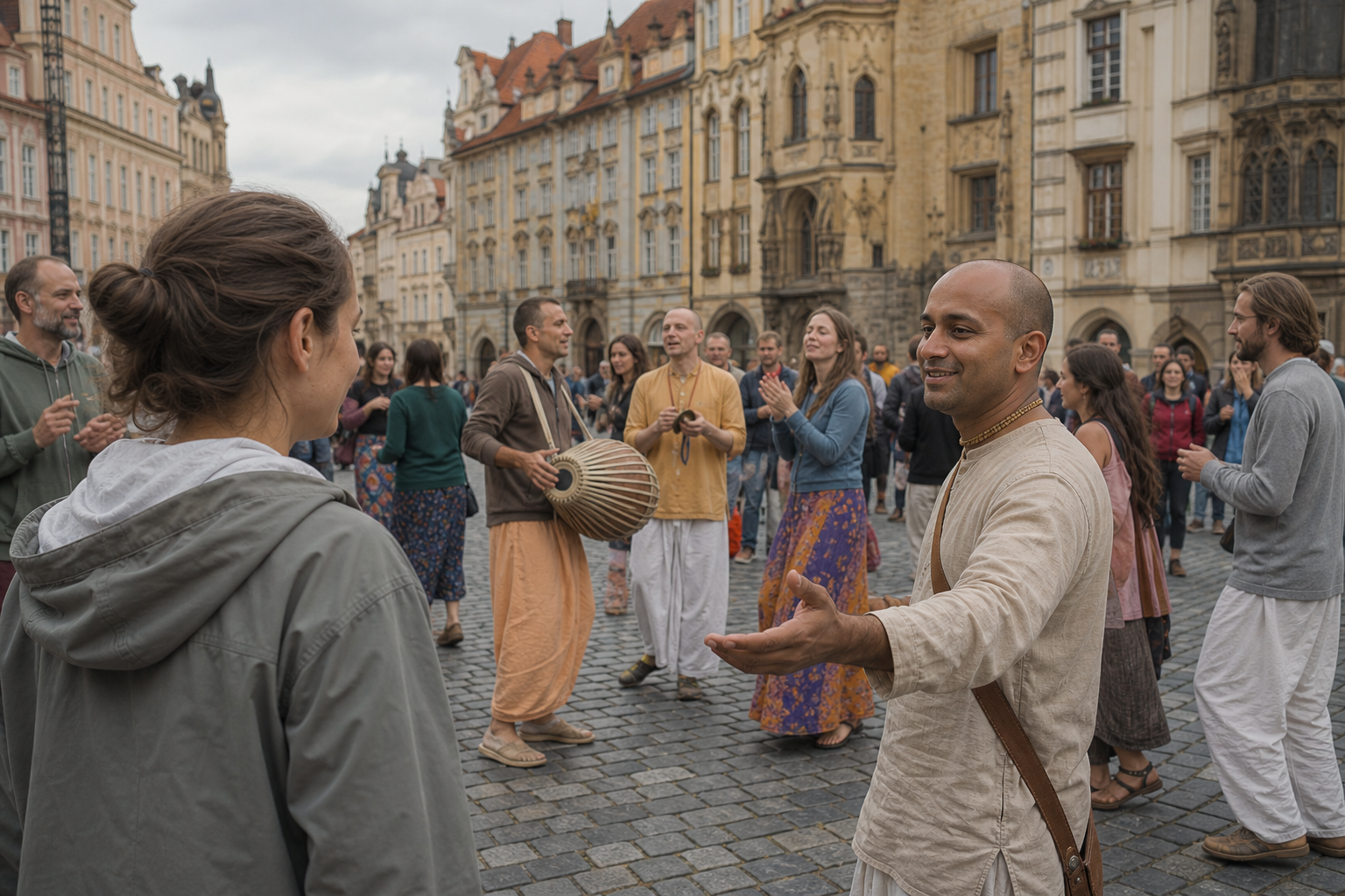 A devotee welcomes a hesitant newcomer at the edge of a street kirtan as others clap and dance in a Prague square.