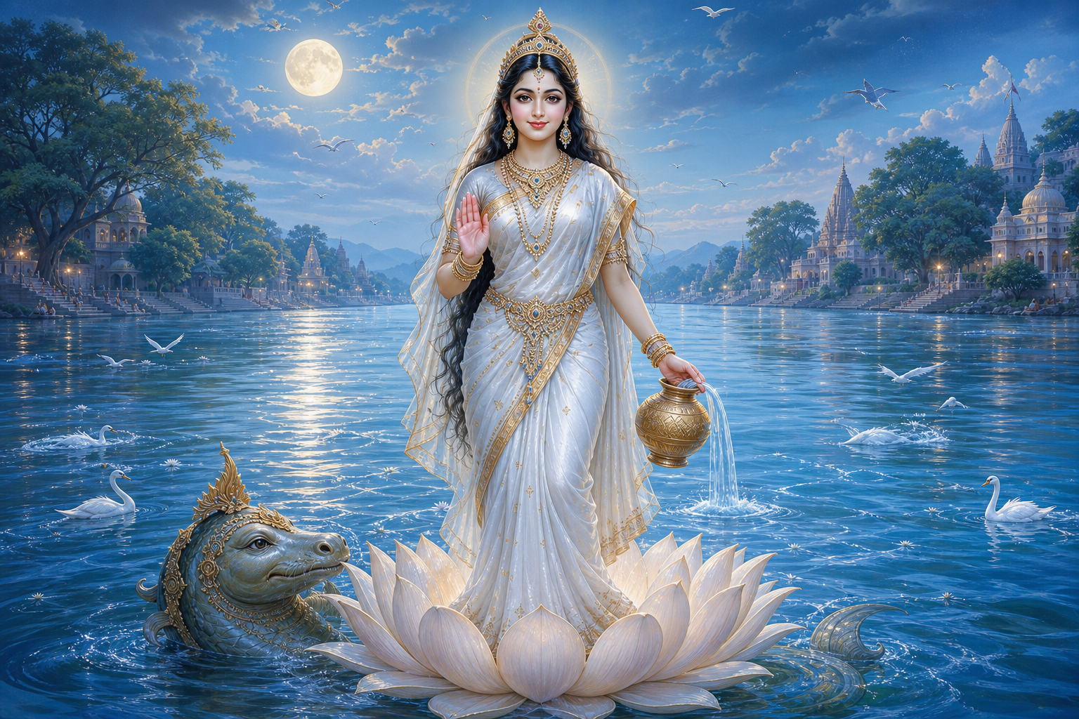 The goddess Ganga stands on a lotus in a luminous river, holding a water vessel as a makara appears beside her.