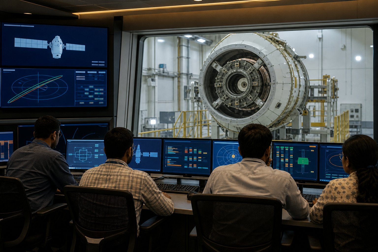 Engineers review abstract spacecraft test displays beside a brightly lit docking mechanism in a test bay.