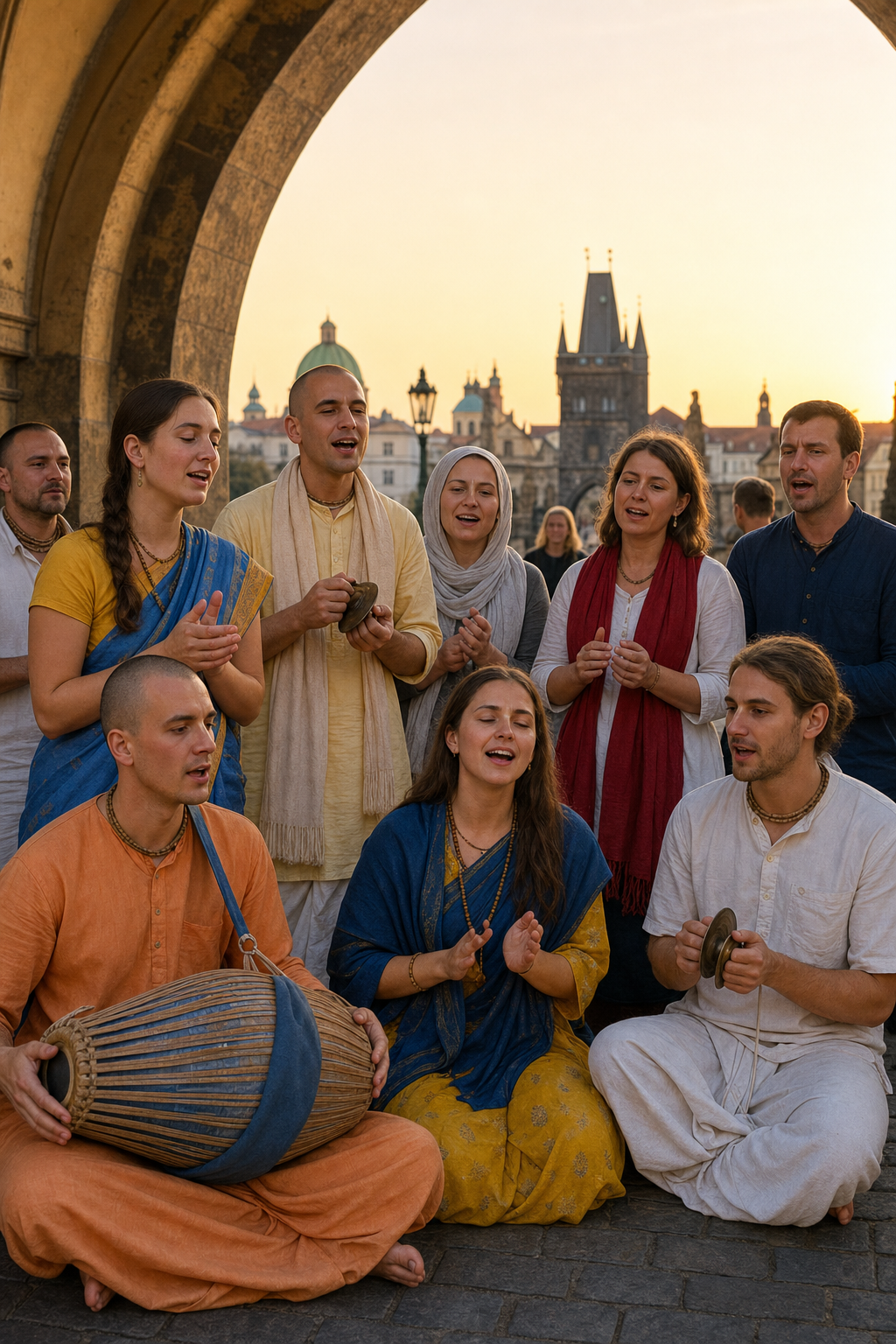 Ukrainian and Czech devotees chant together with a drum and hand cymbals beneath a historic Prague archway.