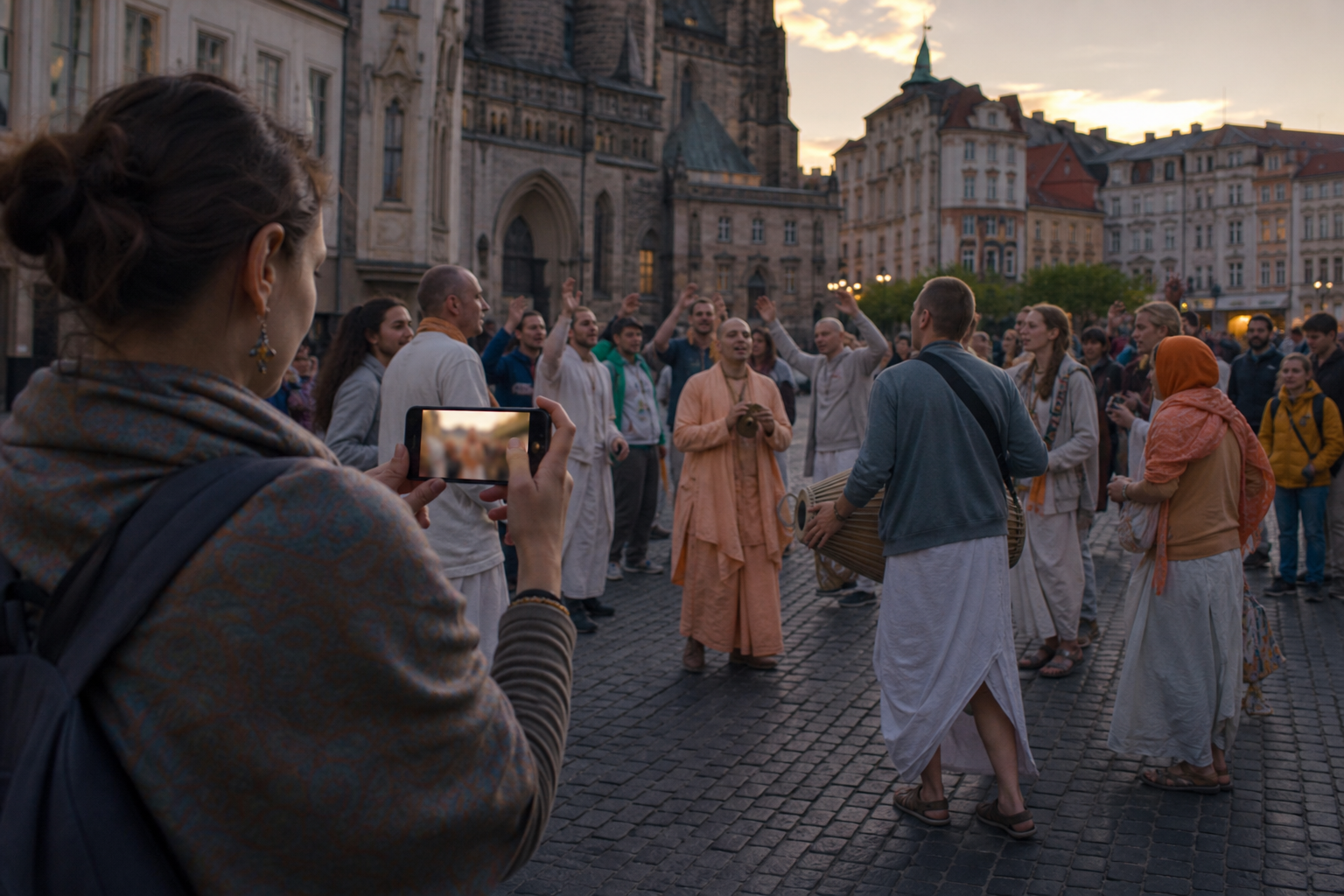A bystander quietly records a Prague street kirtan while devotees and other participants chant, play instruments, and dance together.