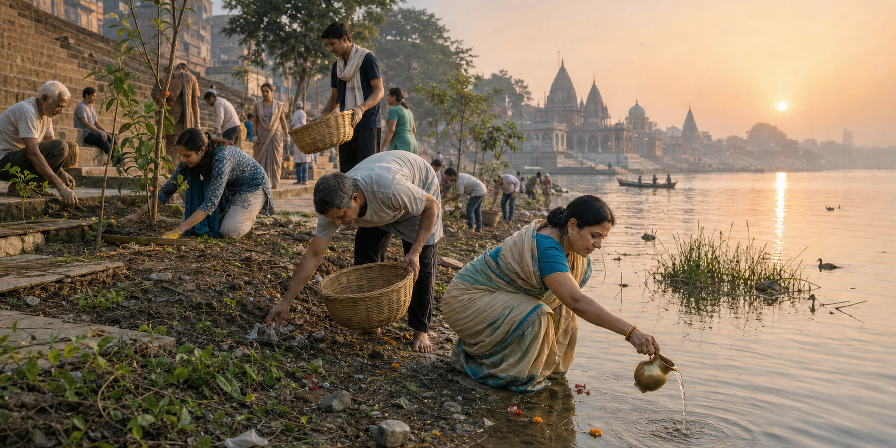 Worshippers and volunteers clean a Ganga riverbank, tend young trees, and offer water at sunrise.