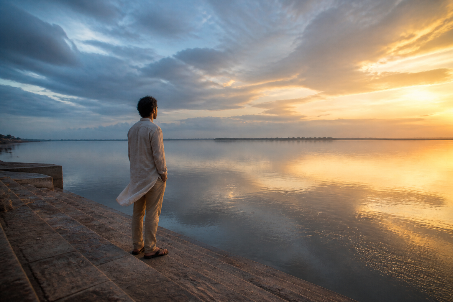 A person stands calmly on stone steps beside a river at dawn as rain clouds give way to golden light.