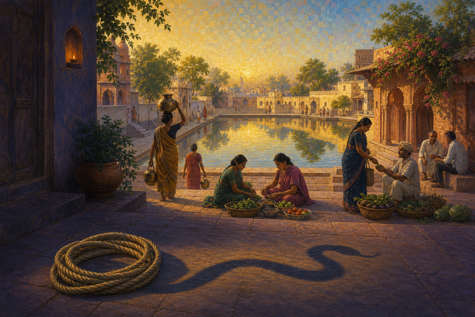 A layered courtyard scene shows a rope casting a snake-like shadow, people engaged in daily life, and the landscape unified by light reflected in still water.