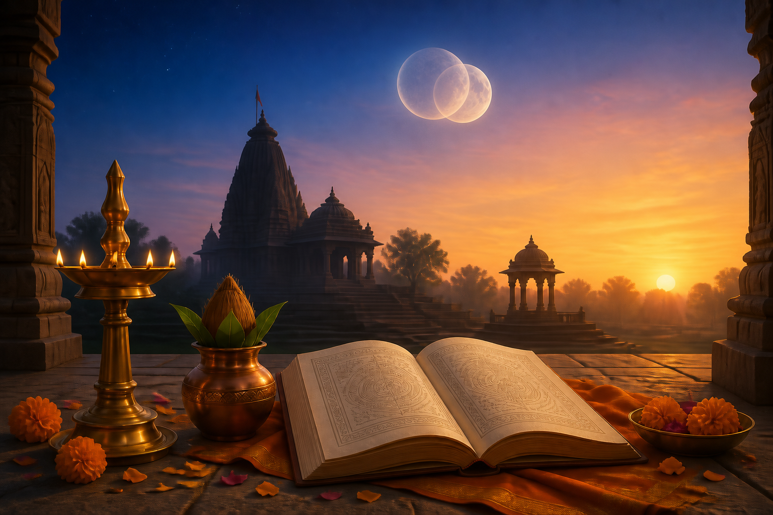 A brass lamp, copper ritual vessel, marigold petals, and open almanac rest in a temple courtyard beneath overlapping lunar motifs at sunrise.