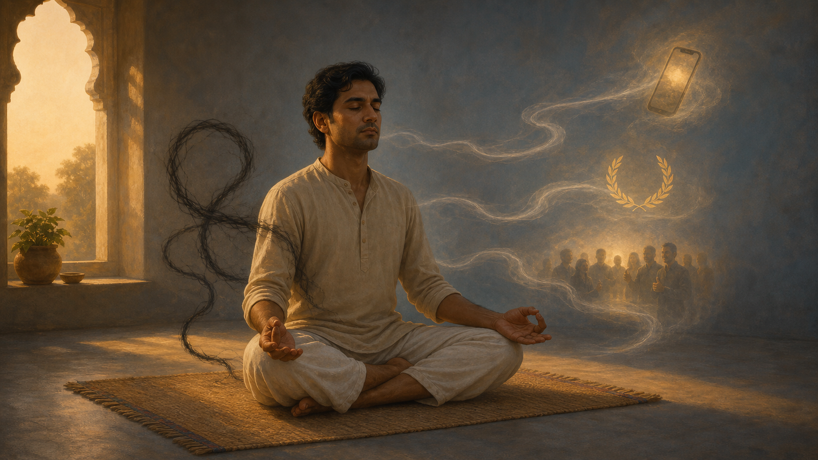 A person meditates in a dawn-lit room while translucent paths curl toward a phone, a laurel, and a distant crowd, with one dark thread hidden behind the figure.
