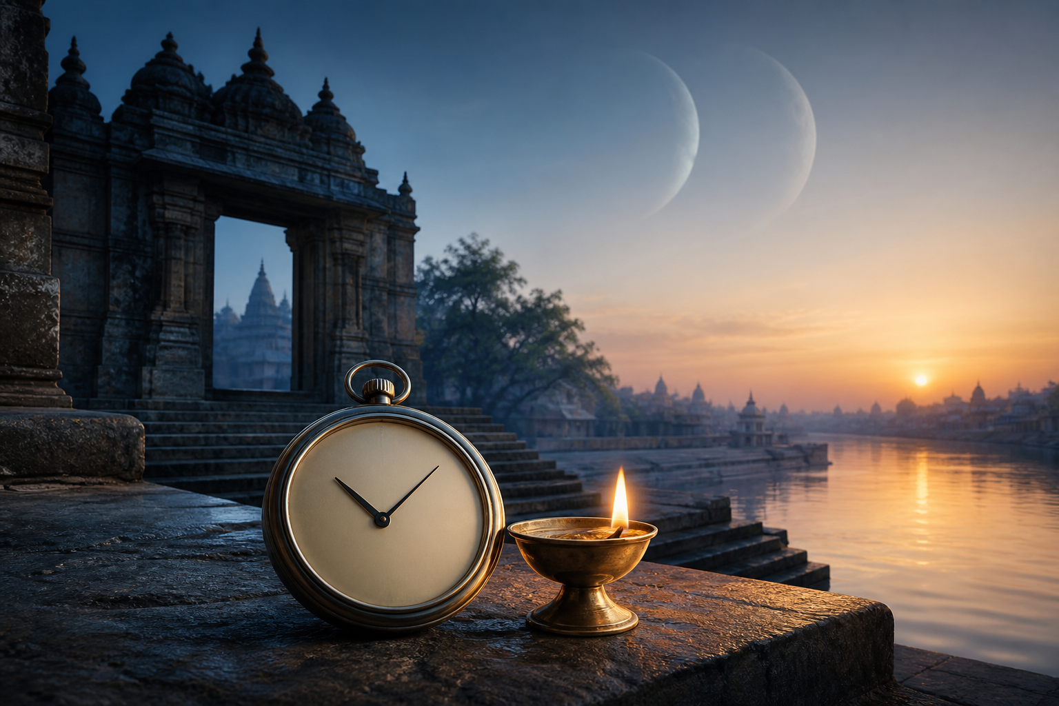 An unnumbered analog timepiece and brass lamp sit near temple steps as predawn blue light gives way to sunrise.
