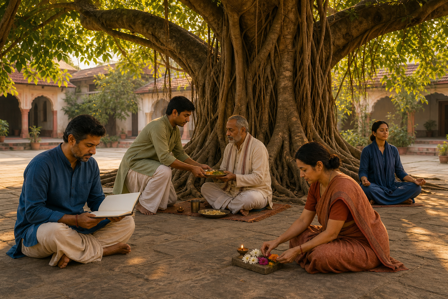 Four adults beneath a banyan tree study, serve food, offer flowers beside an oil lamp, and meditate.