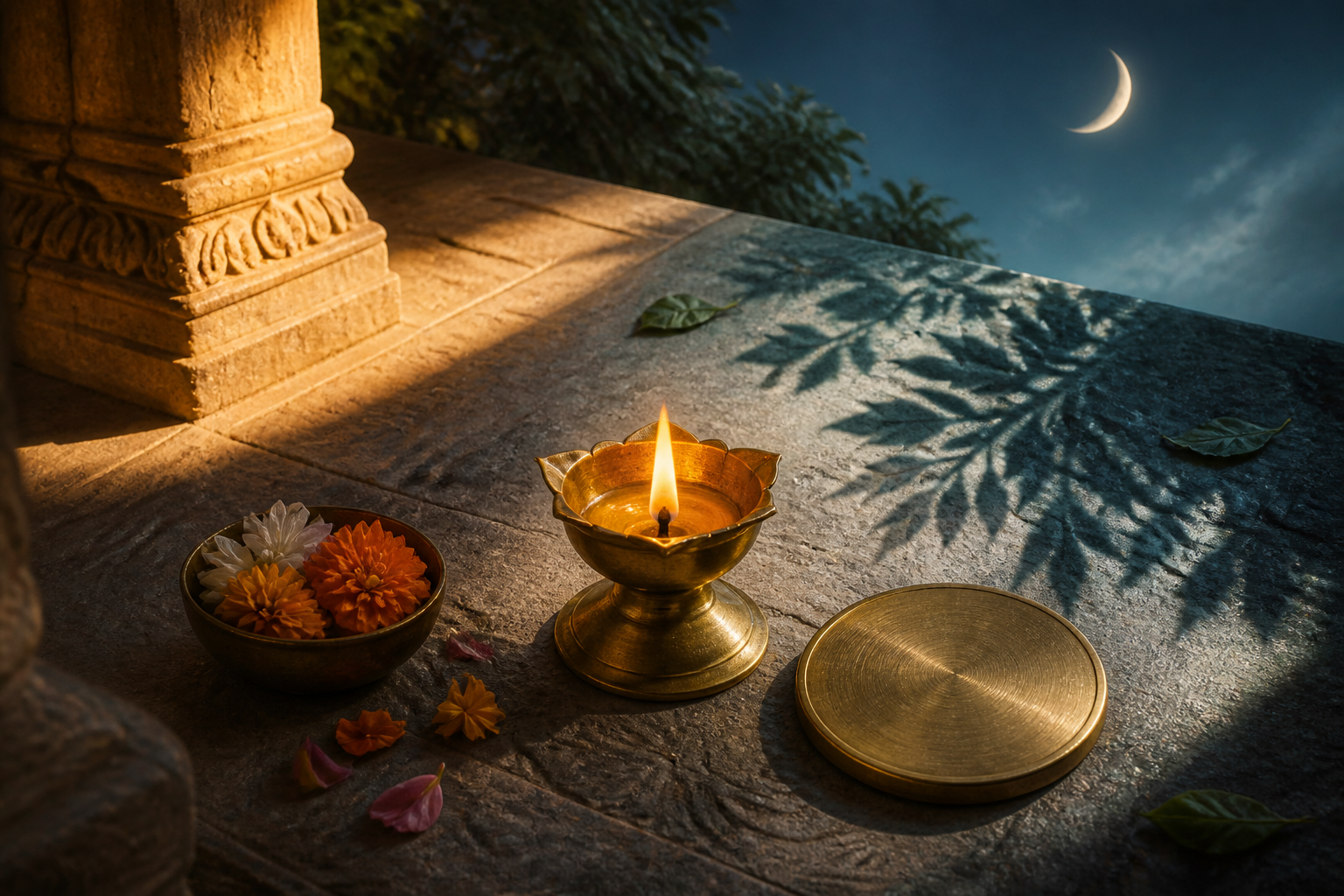 A brass lamp is surrounded by sunlight, a crescent moon, flowers, a plain brass disc, and changing shadows on a stone platform.