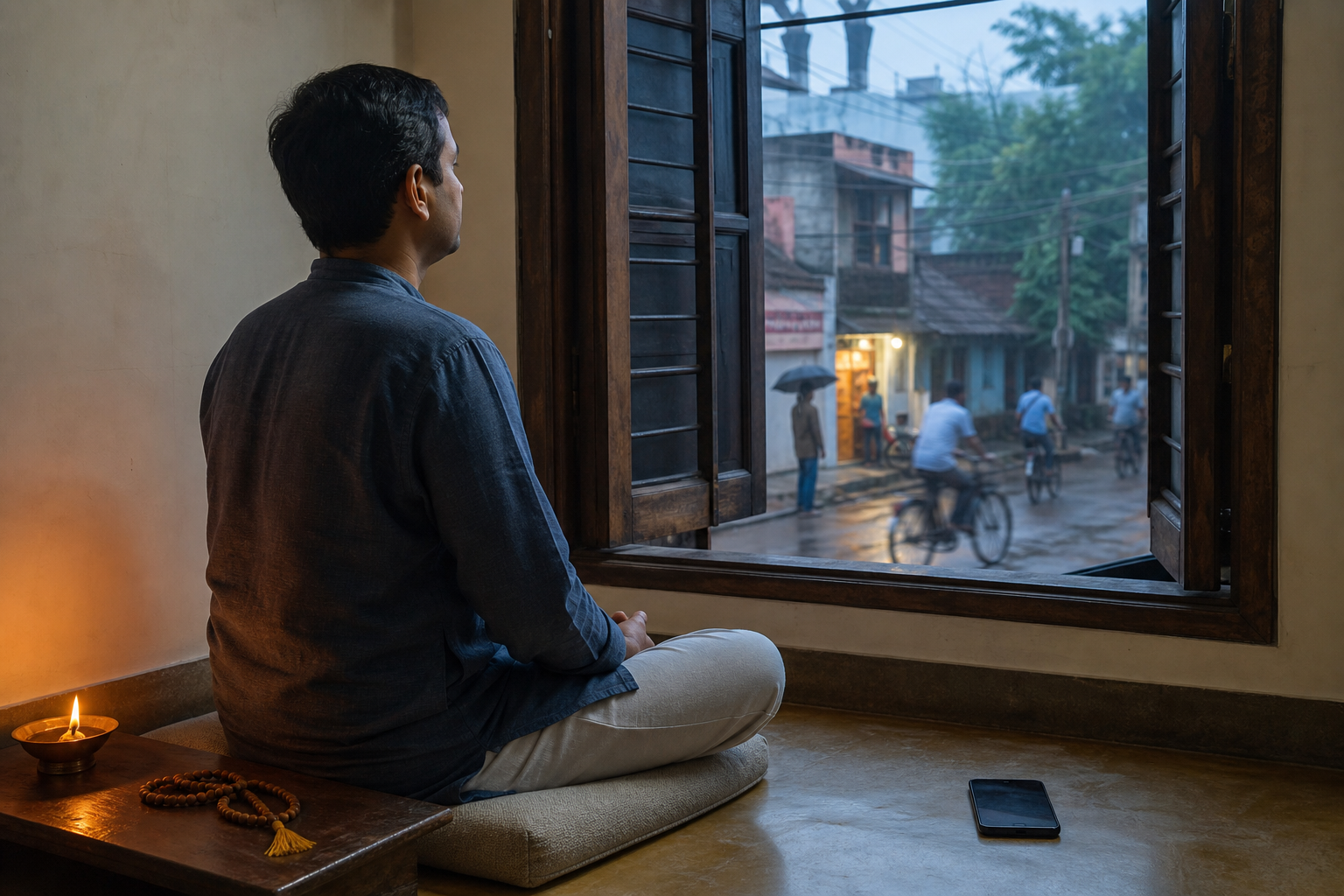 A person sits in morning meditation inside a home with prayer beads, an oil lamp, and a face-down phone nearby.