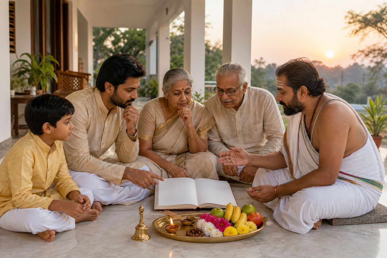 An Indian family consults a priest beside an open almanac and prepared puja tray in a sunlit veranda.