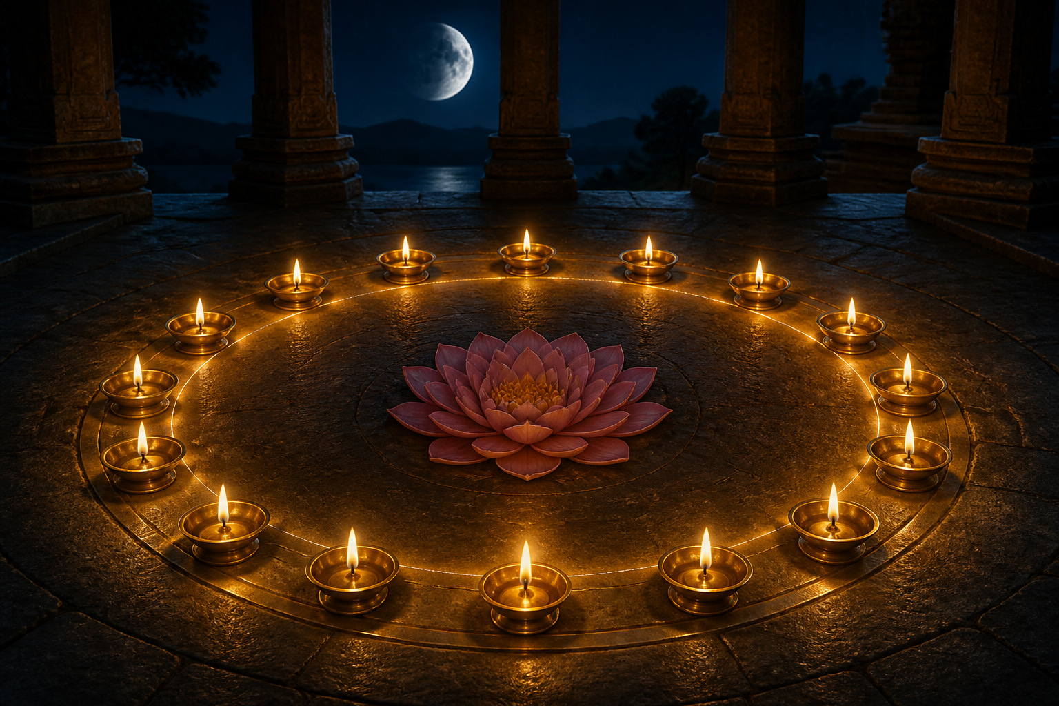 Sixteen brass oil lamps form a circle around a lotus, with one flame glowing more brightly as a half-moon appears beyond the temple colonnade.