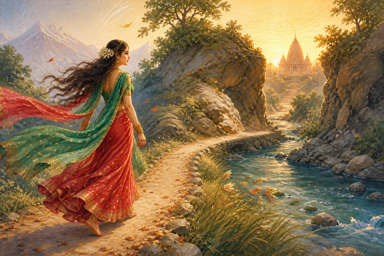 A serene woman in flowing red and green garments moves purposefully along a curved forest path beside a mountain stream toward a distant temple light.