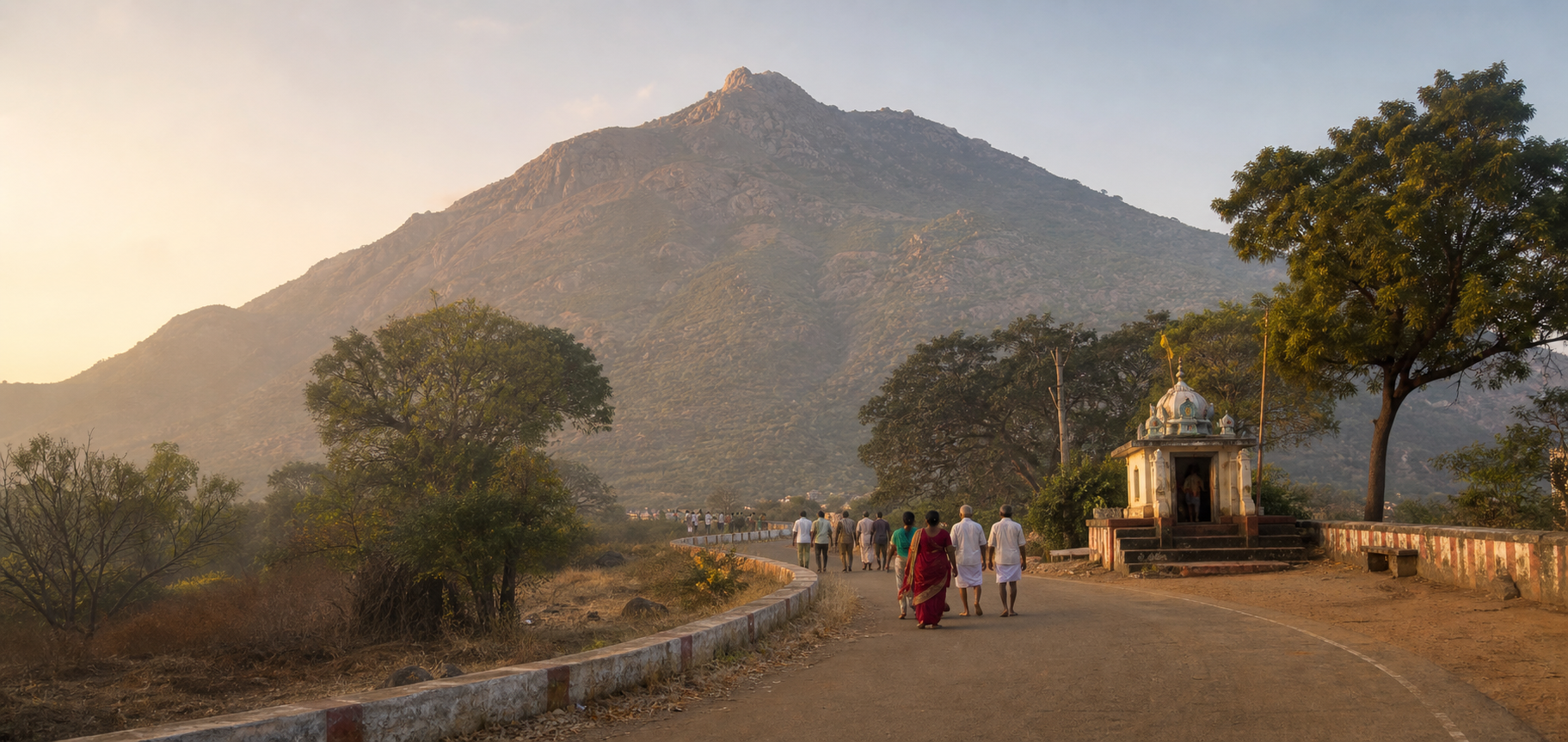 The Girivalam path curves past a small roadside shrine beneath Arunachala hill as pilgrims walk in the morning light.