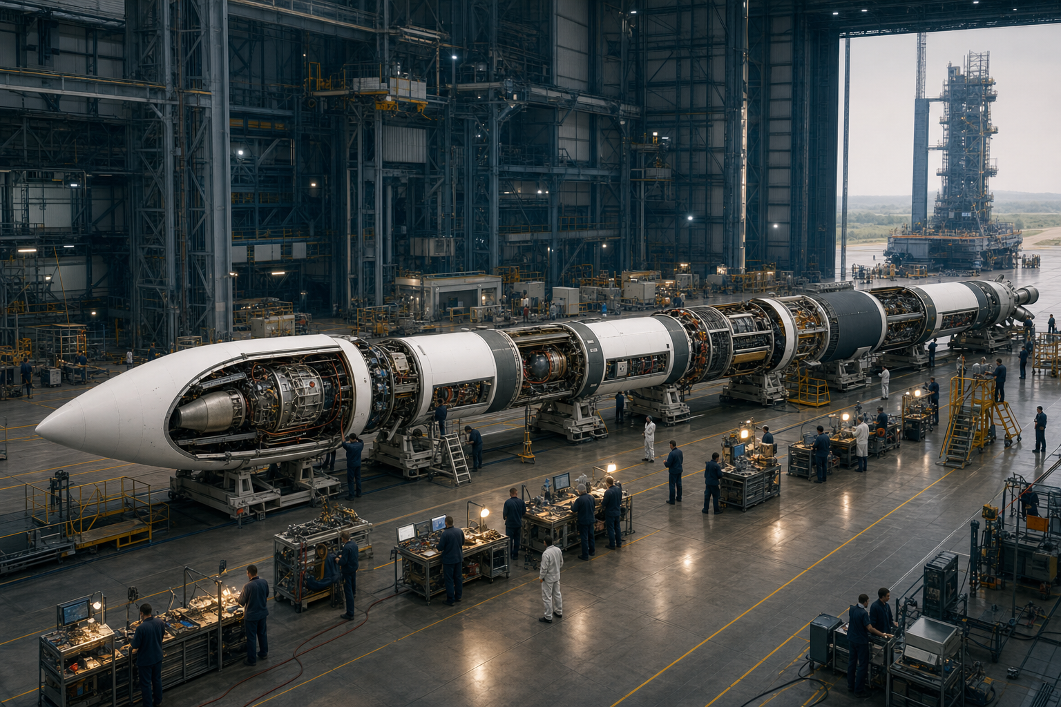 A complete small launch vehicle is integrated in a factory alongside propulsion stages, avionics, fairing hardware, test equipment, and ground-support systems.