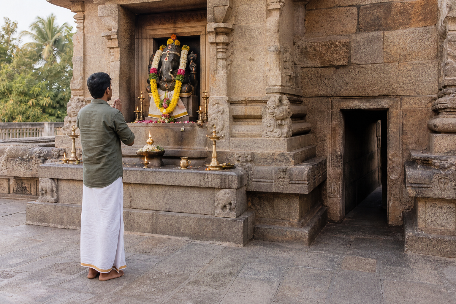 A pilgrim offers prayer from the open area outside a Vinayaka shrine while the narrow side passage remains empty.