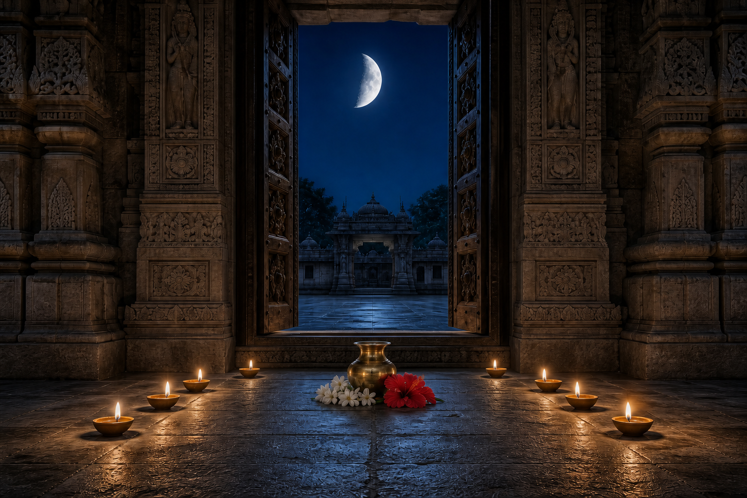 An open stone temple doorway frames a half-moon, with eight small oil lamps leading across the quiet courtyard.