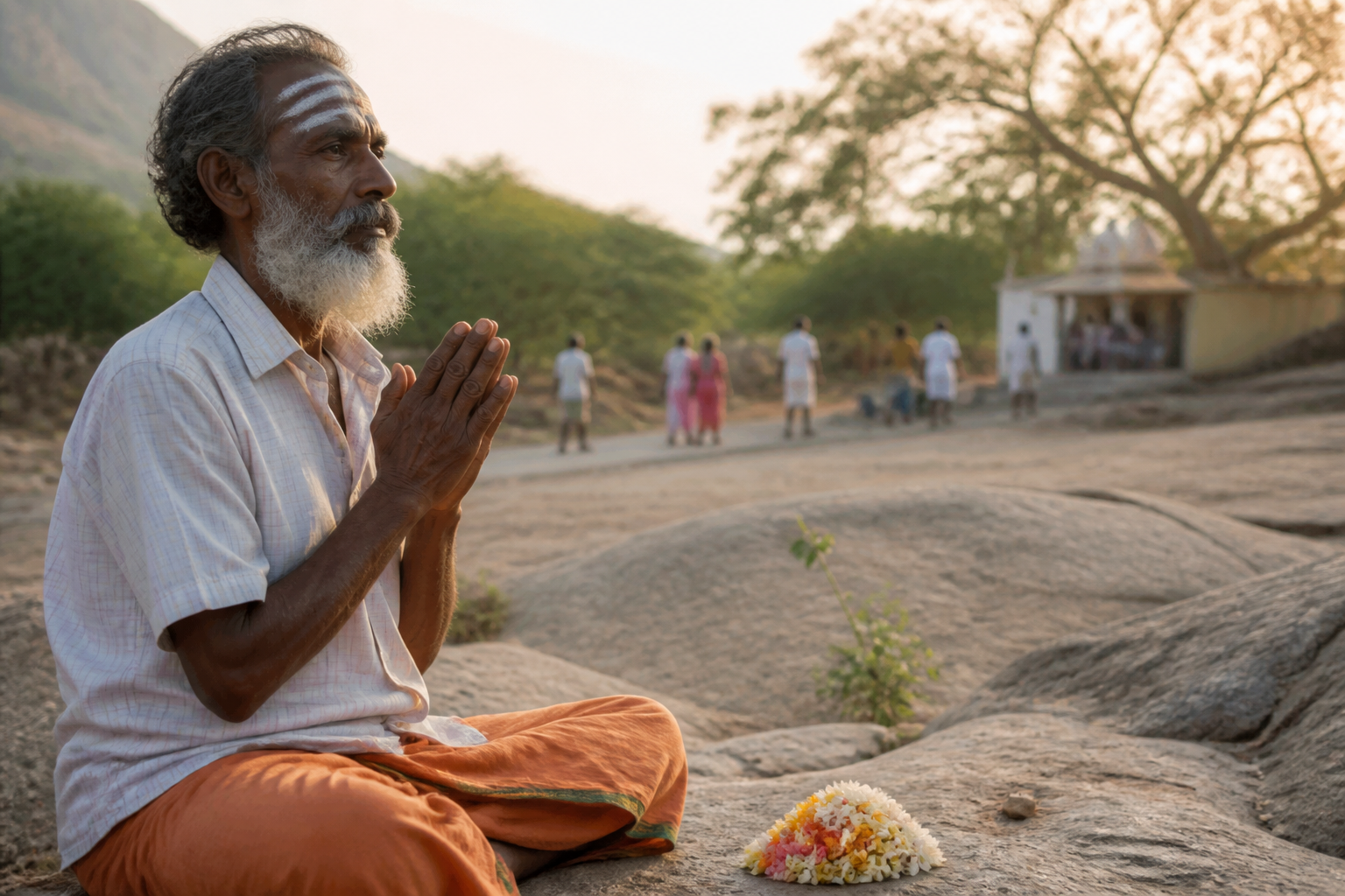 A devotee prays in the open area outside the Vinayaka temple while pilgrims continue along the Girivalam path.